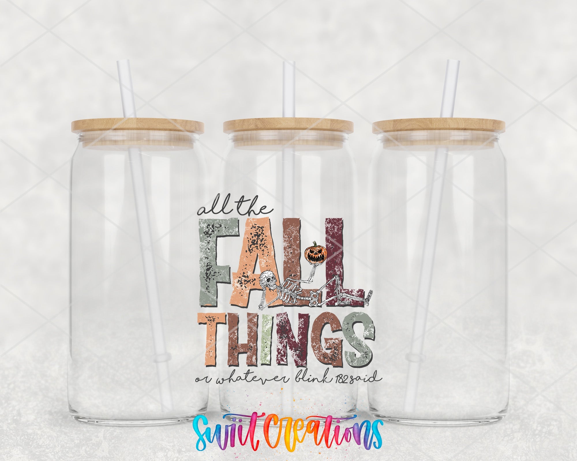two clear tumblers with the words fall things printed on them
