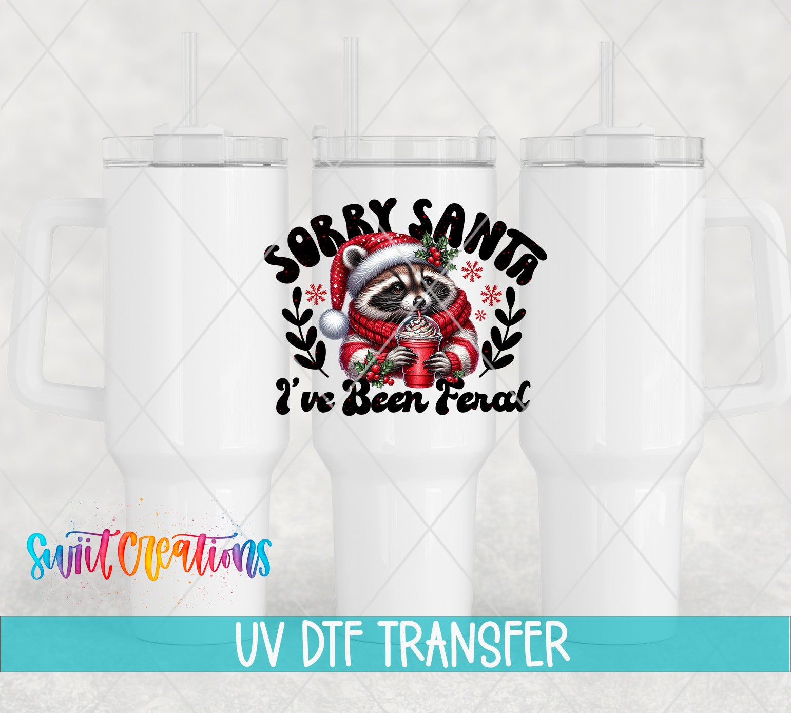 a white mug with a printed design that says "Sorry Santa, I've been fired" along with a raccoon wearing a Santa hat and holding a cup of hot chocolate.