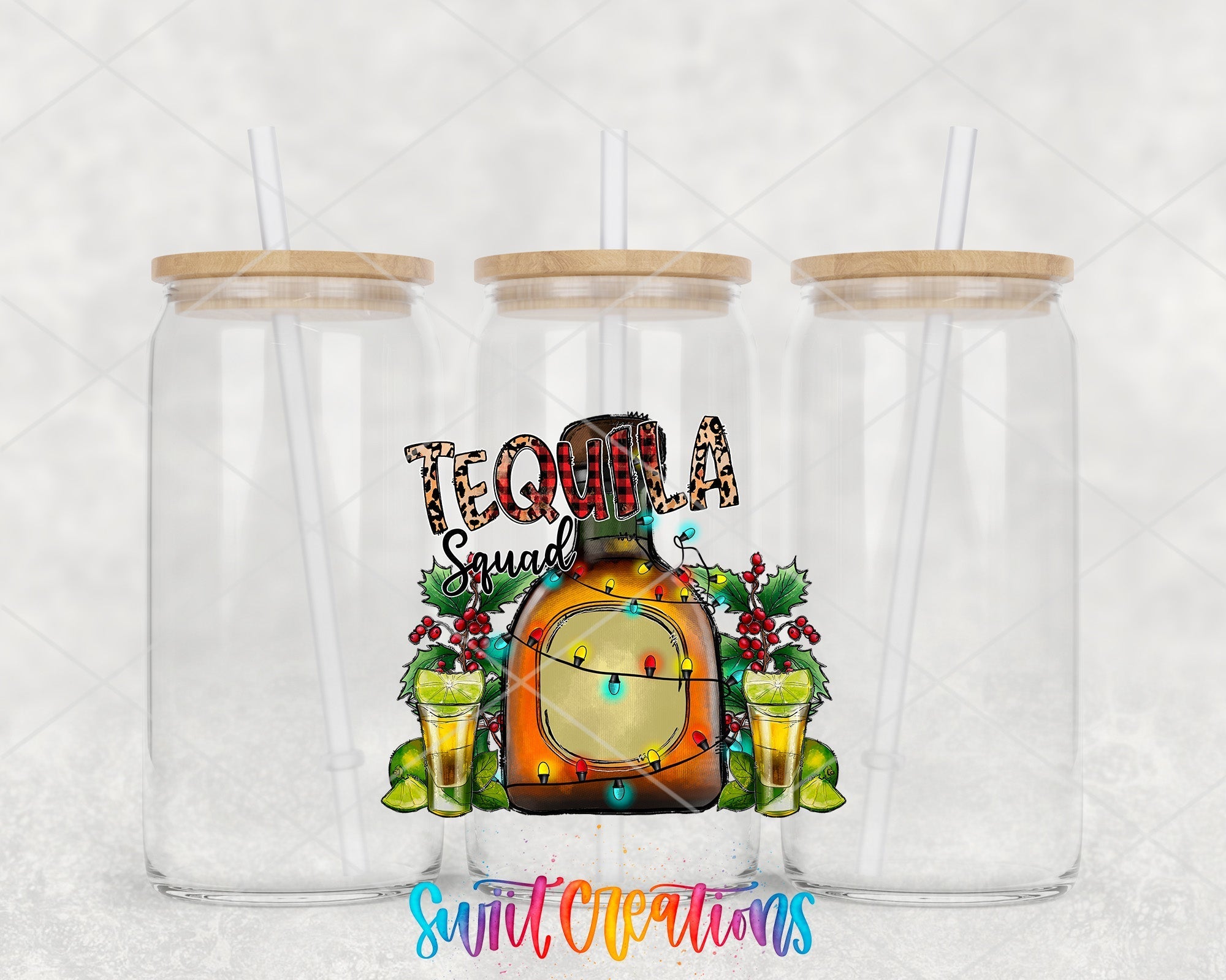 two clear tumblers with the words tequila and a clock