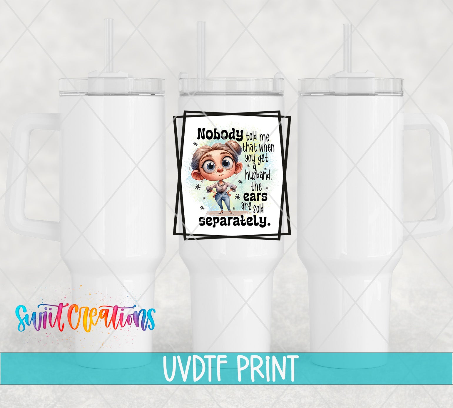 The image is a collage of three white tumblers with a printed message on one of them.
