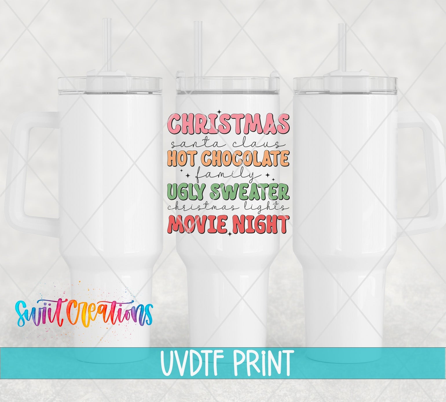 three white tumbles with christmas sayings on them