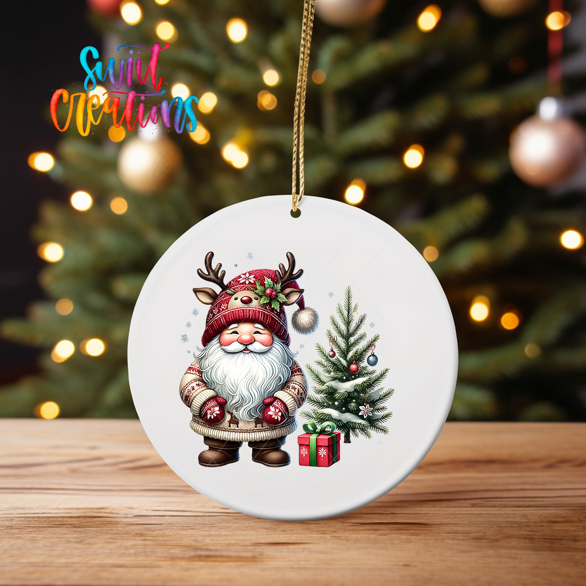 A white ceramic ornament featuring a smiling gnome wearing a red hat and holding a present, standing next to a Christmas tree.