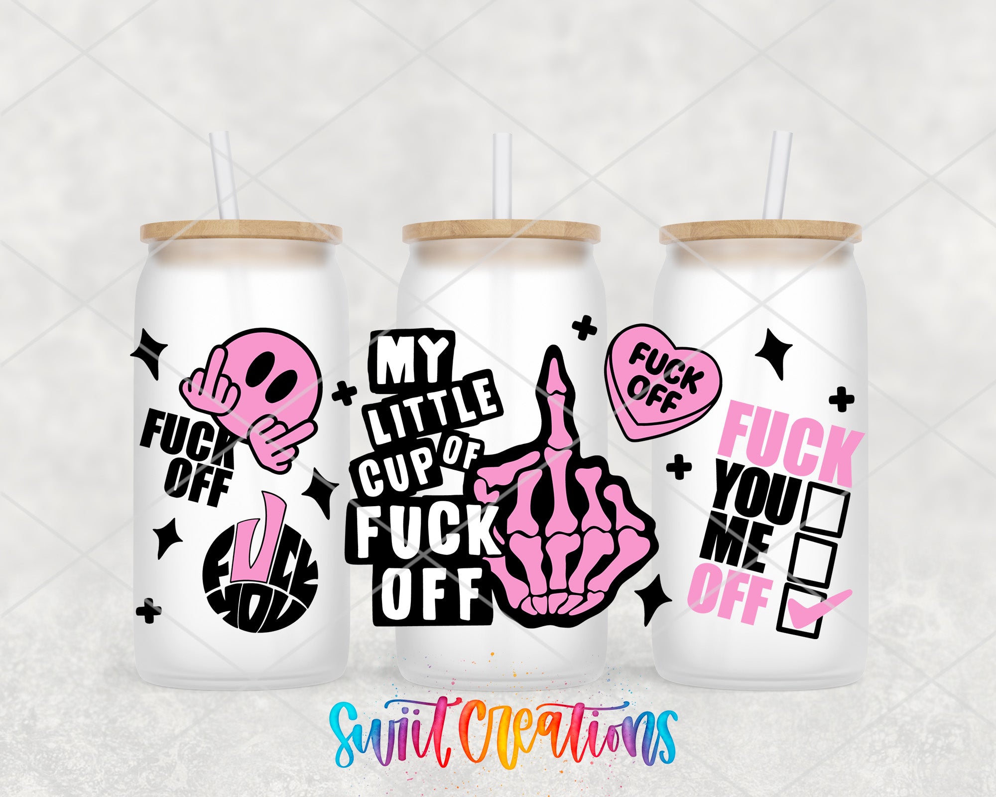 three white tumblers with various offensive and aggressive text and graphics printed on them.