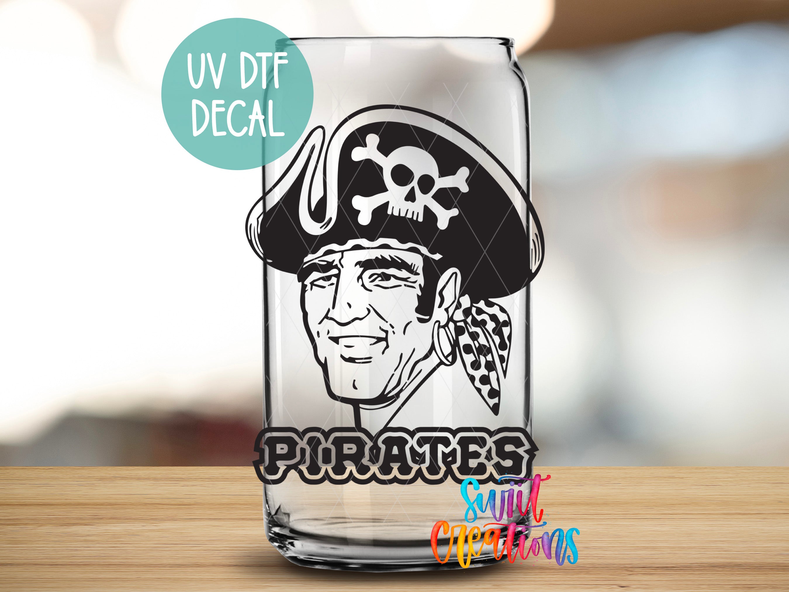 a glass with a picture of a pirate on it