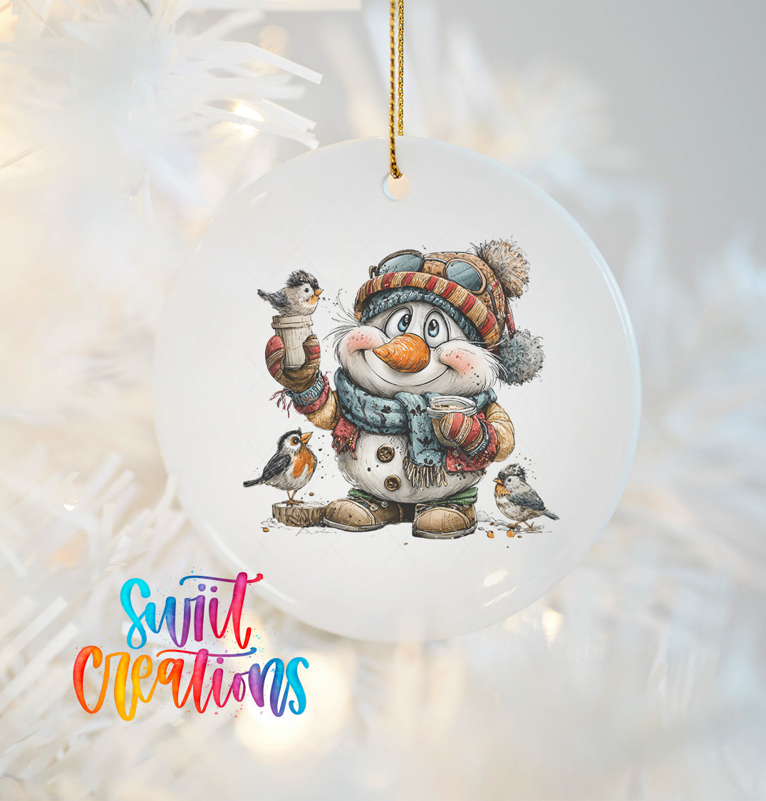 A snowman ornament with a bird perched on its nose, wearing a colorful scarf and hat, and holding a small bird in its hand.