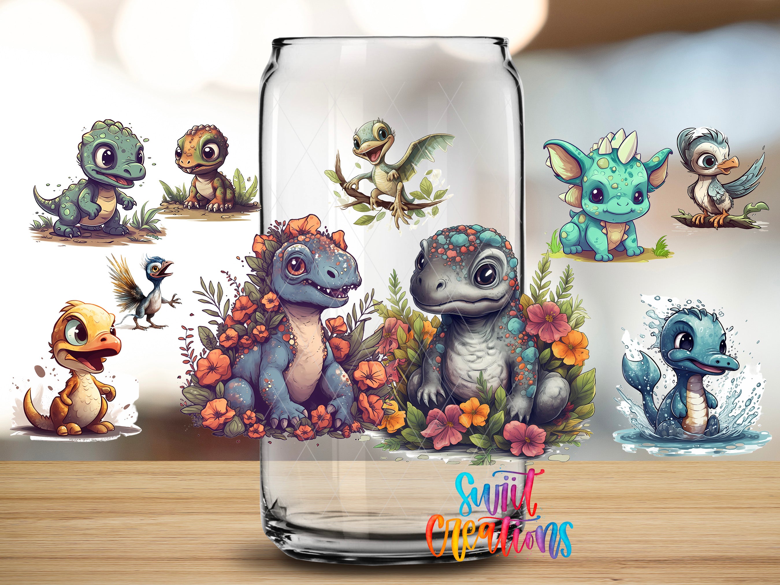 The image is a collage of various cartoon-style illustrations of small animals, including a dragon, bird, and other fantastical creatures, all set against a clear glass jar.