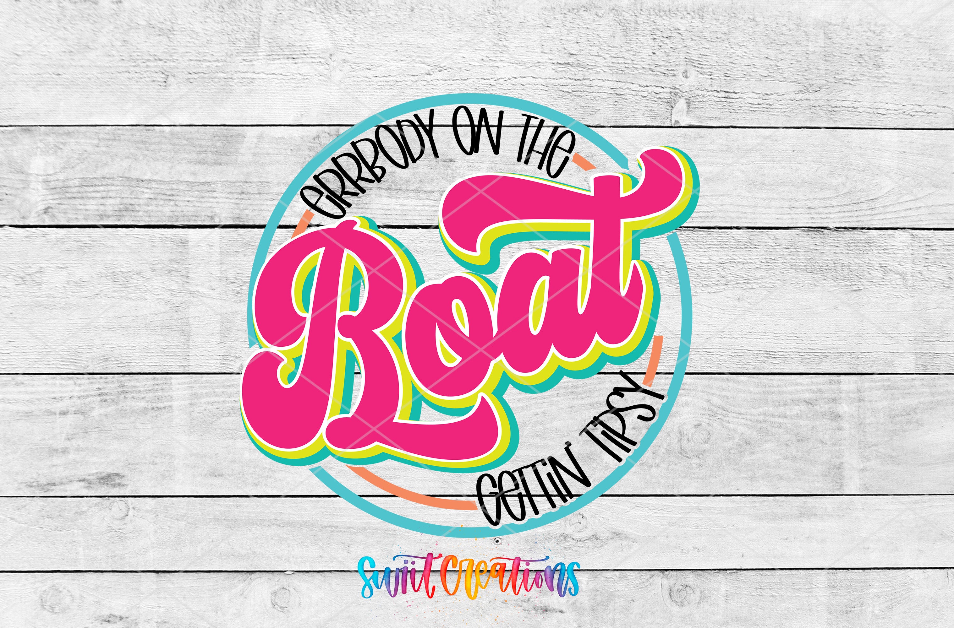 A colorful logo with the text "Grrbody on the Boat Ocean Tipsy" in a circular design.