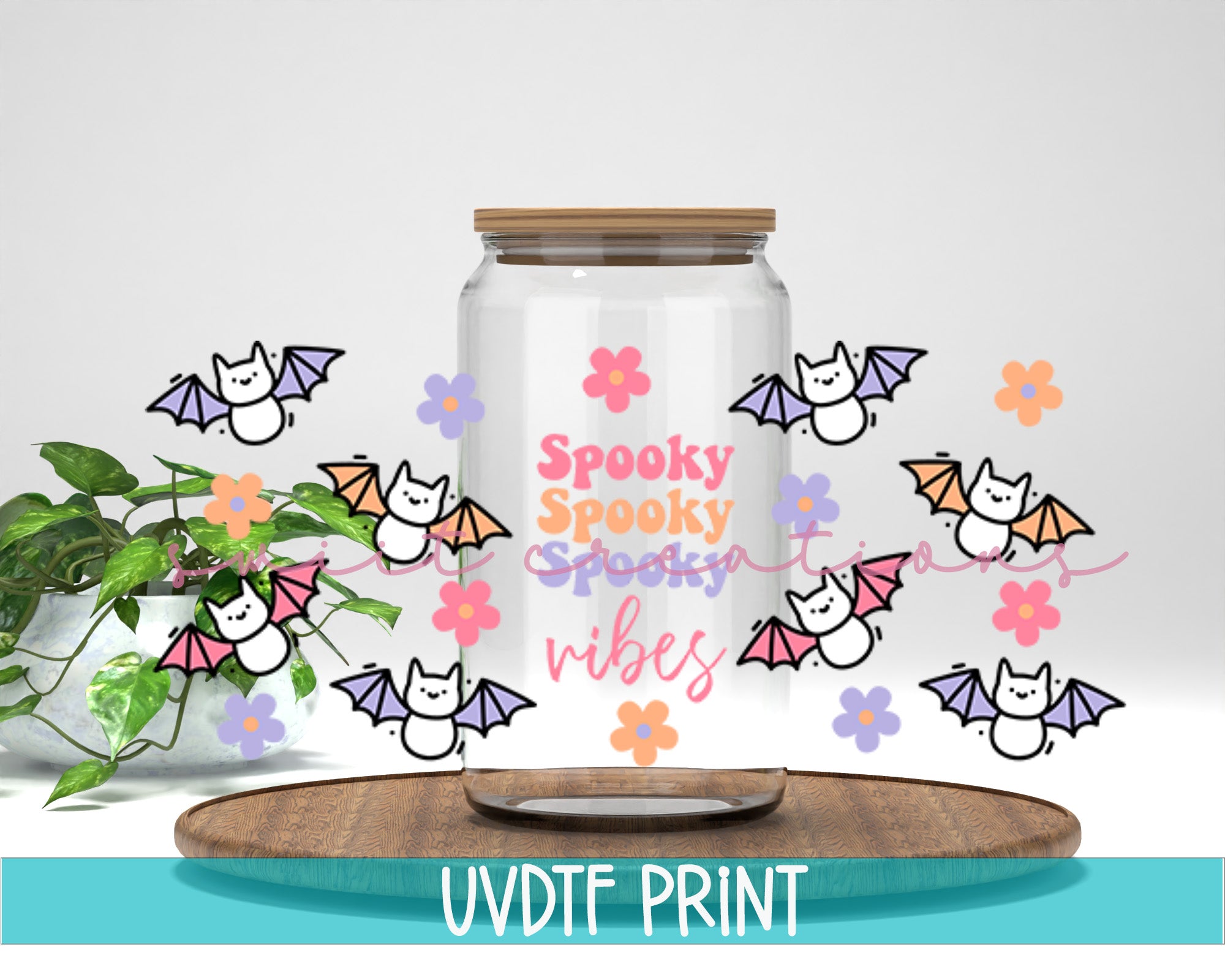a glass jar with some stickers on it