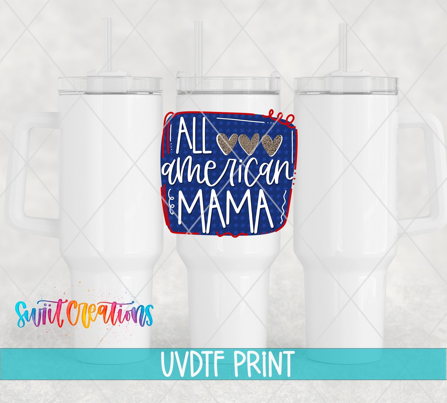three white mugs with the words all american mama on them