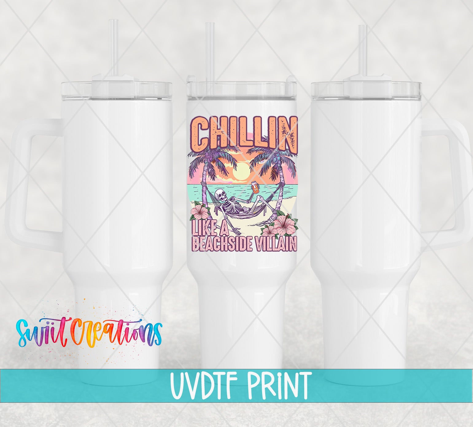 three white tumblers with a colorful design on the front, including a beach scene with palm trees and a skeleton.