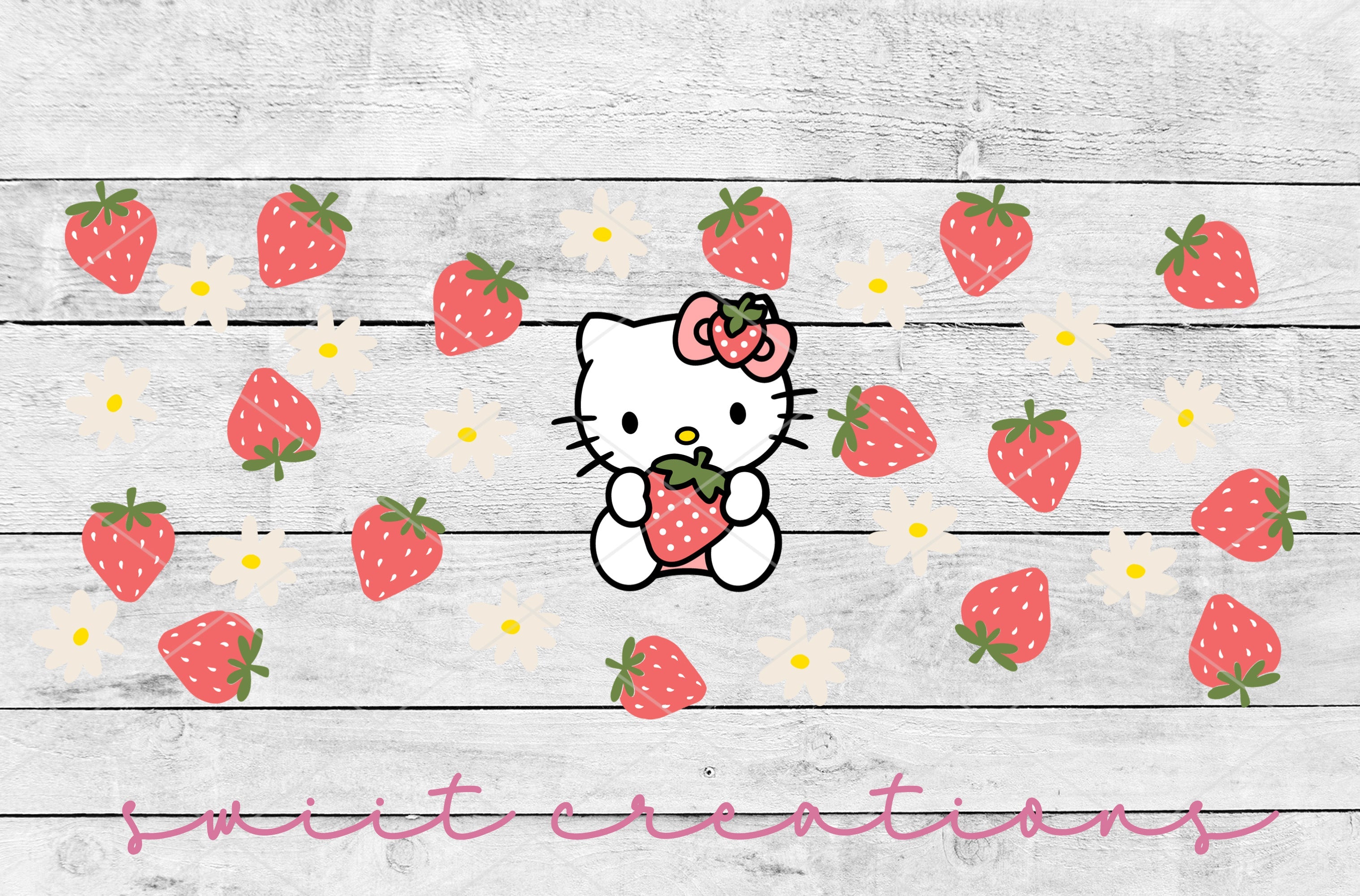 a picture of a hello kitty holding a strawberry