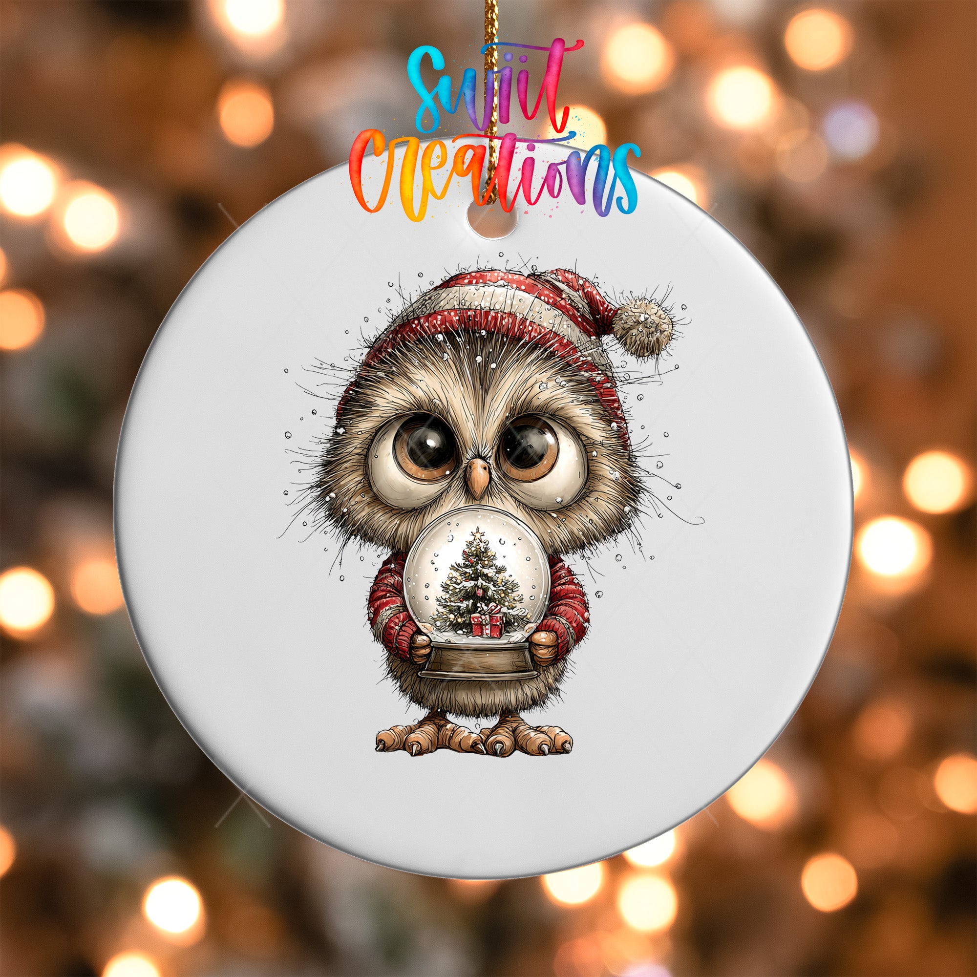 A white ornament with a cute cartoon owl wearing a red and white striped hat and holding a snow globe with a Christmas tree inside.
