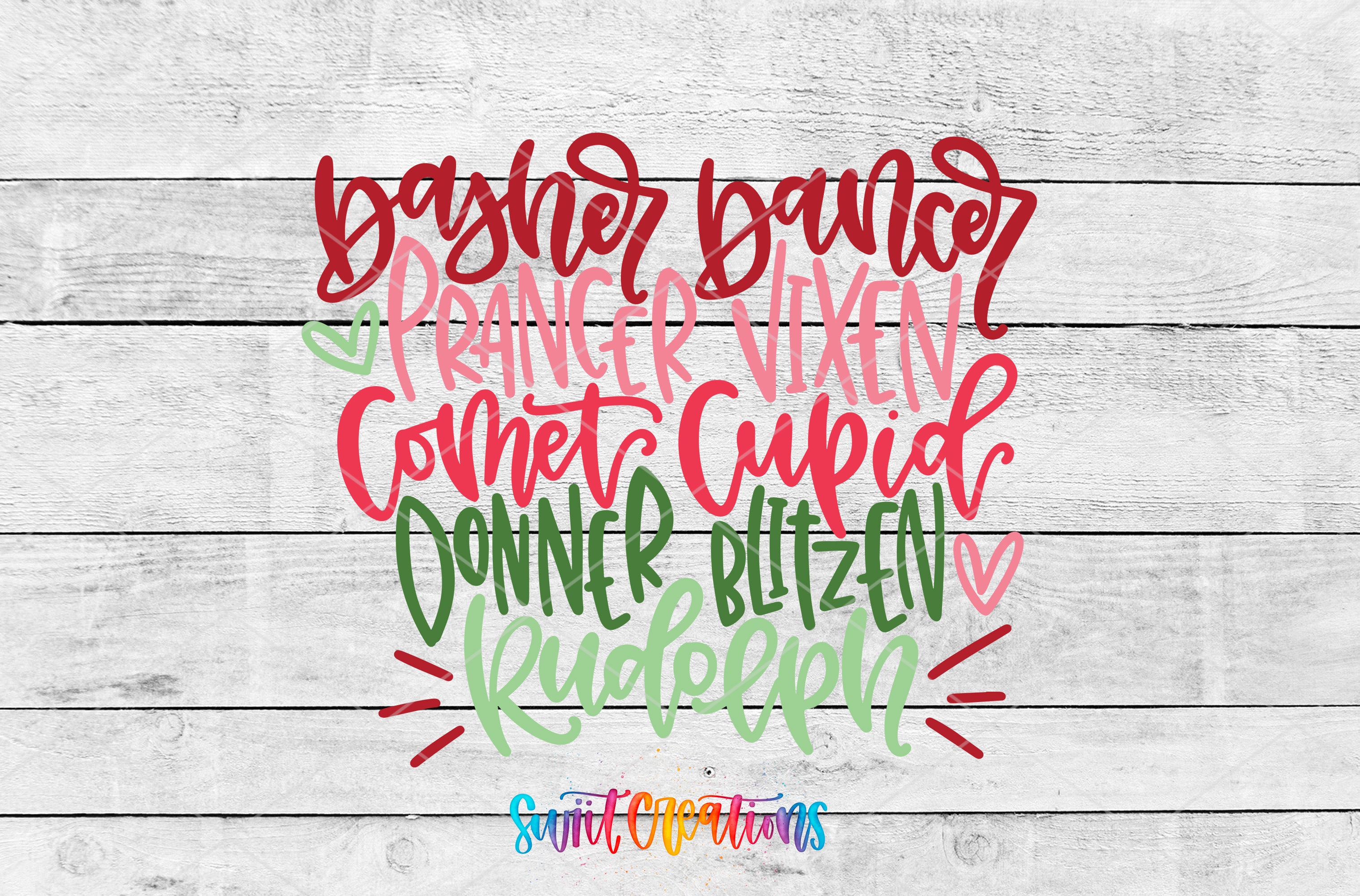 a colorful text design with various words and phrases in different colors, such as red, green, and pink, arranged in a visually appealing manner against a white wooden background.
