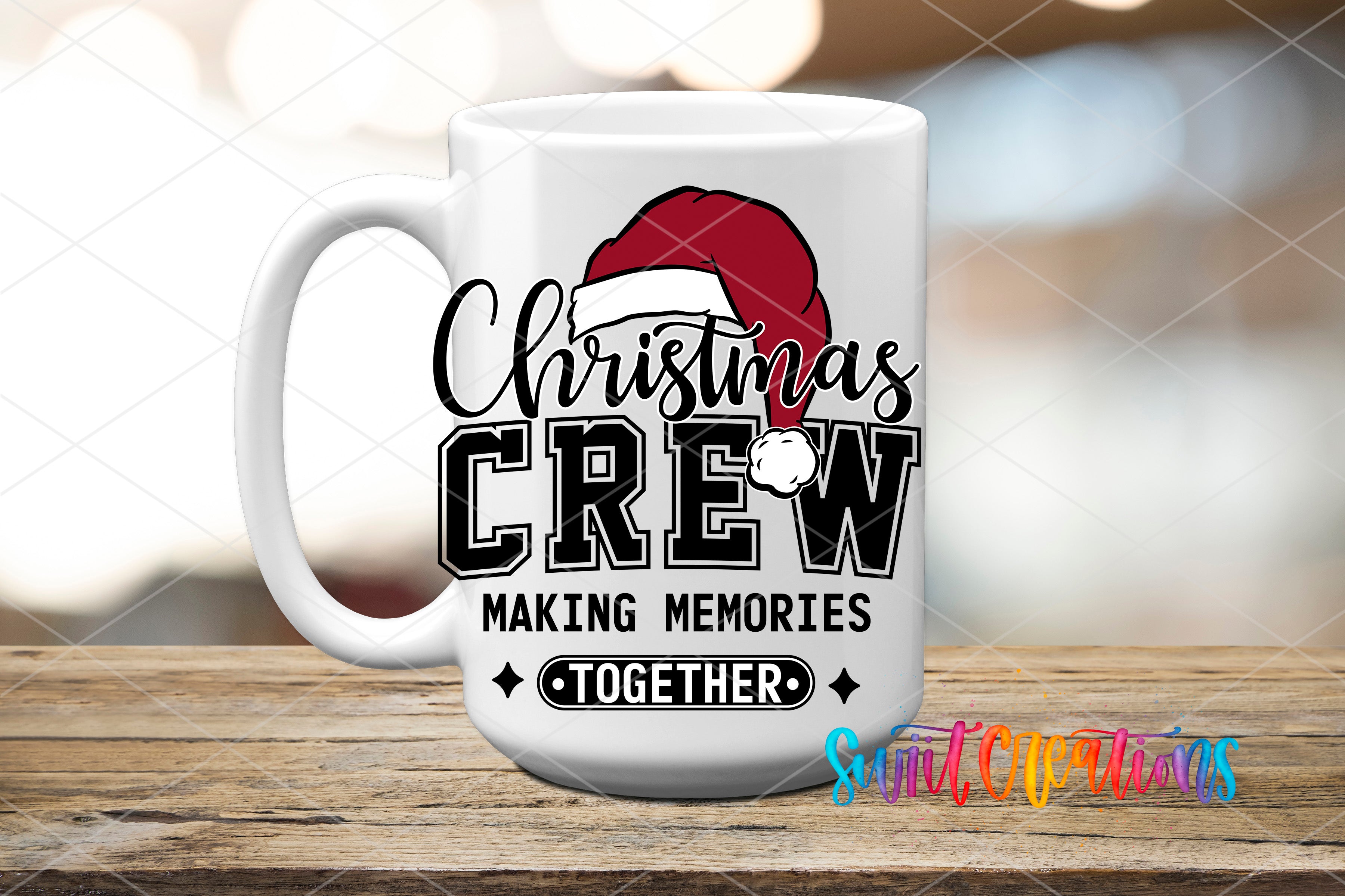 A white coffee mug with a Christmas-themed design and text printed on it.