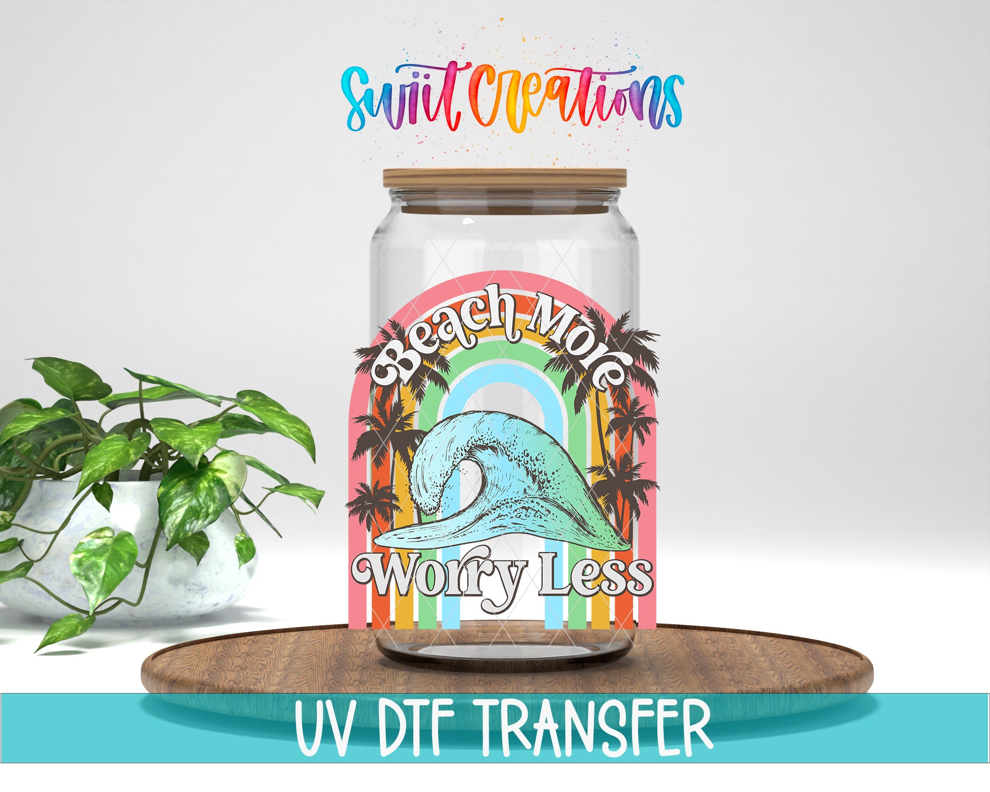 a glass jar with a colorful, beach-themed label, placed on a wooden surface.