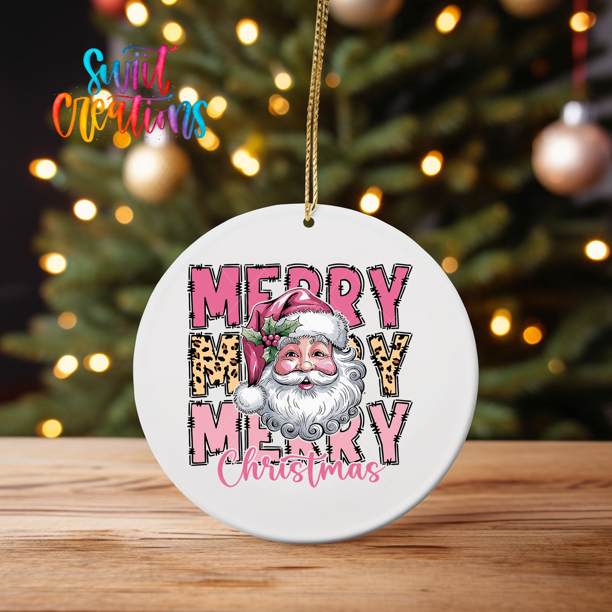 A white Christmas ornament with a Santa Claus face and the text "MERRY MERRY CHRISTMAS" printed on it.