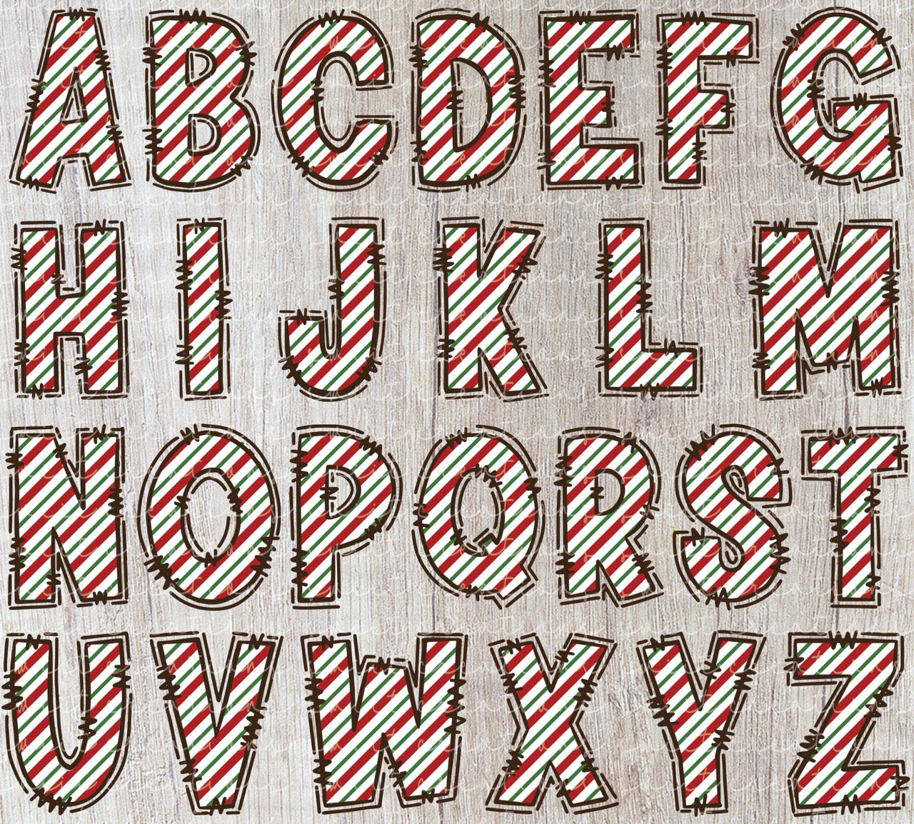the letters of the alphabet, each with a unique design and color pattern. The letters are arranged in a grid-like pattern, creating a visually appealing and festive appearance.