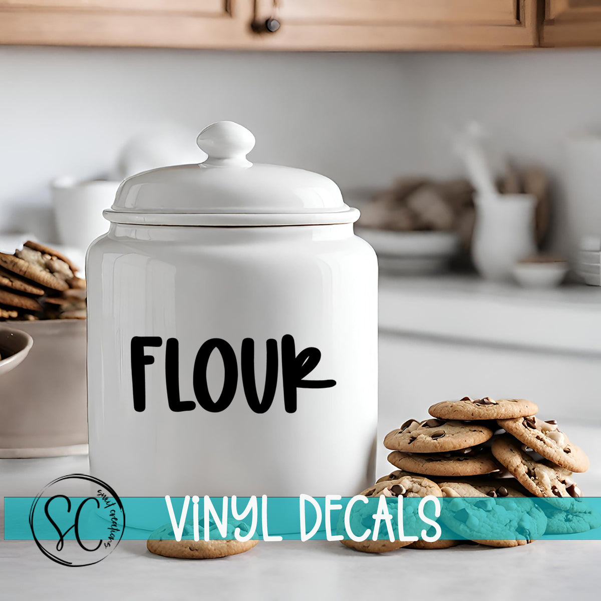 a cookie jar sitting on a kitchen counter next to a stack of cookies