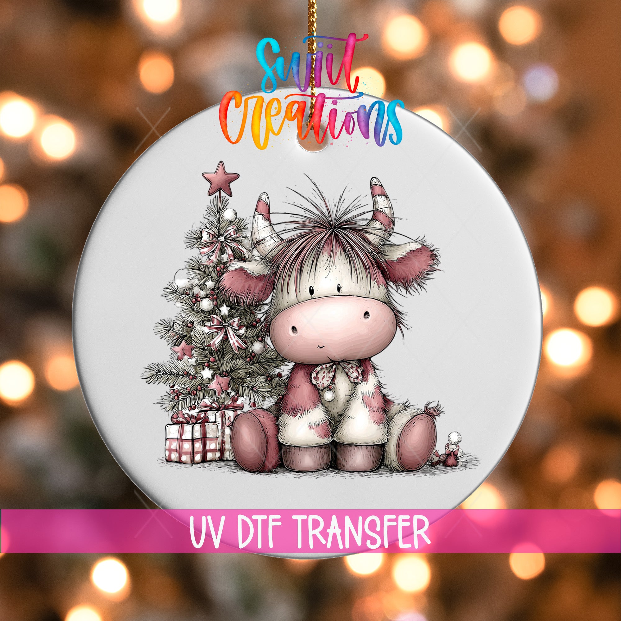 A Christmas ornament featuring a cartoon cow sitting next to a Christmas tree.