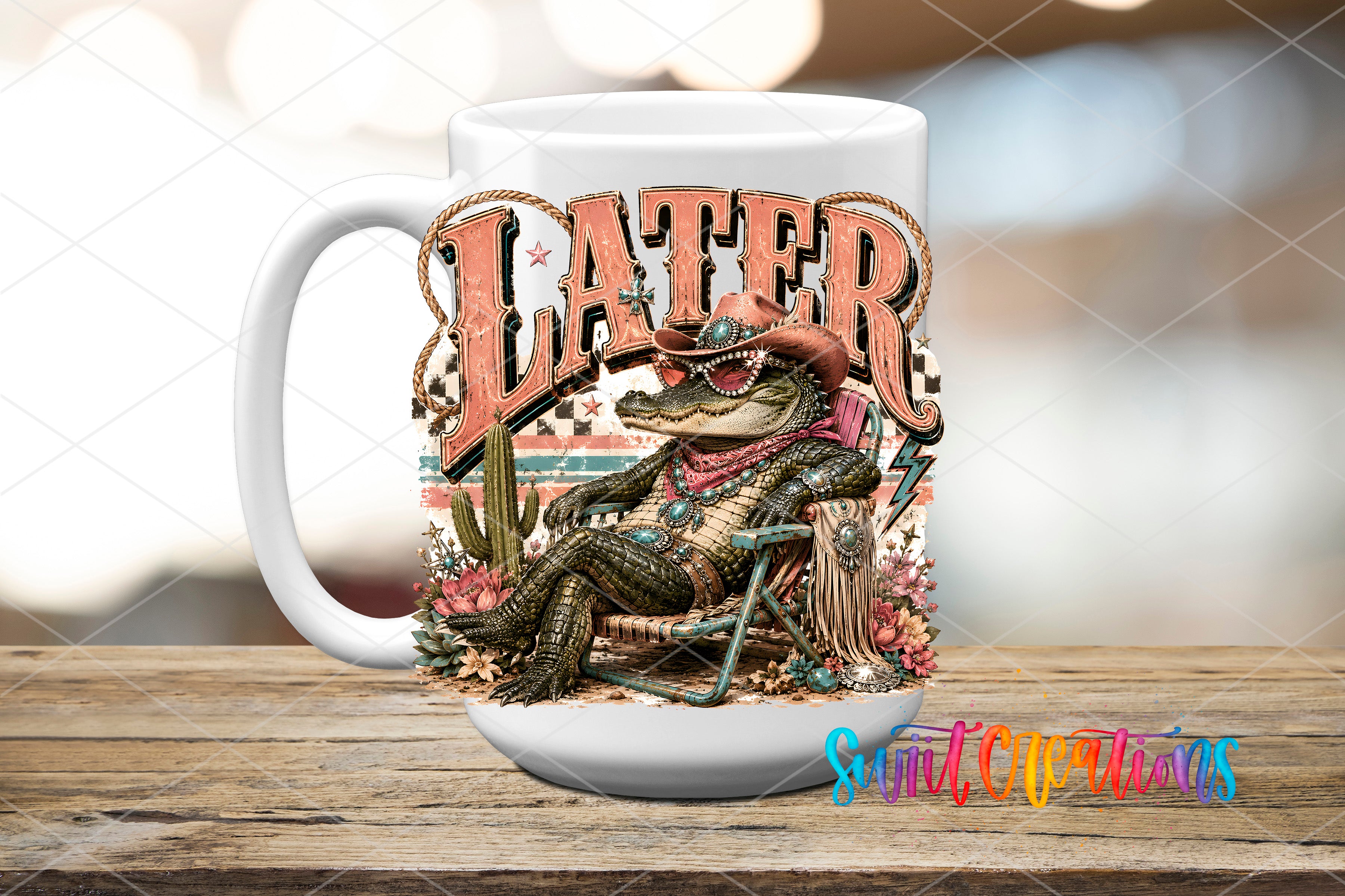 A mug with a cartoon alligator wearing a cowboy hat and sitting in a chair, surrounded by various desert-themed elements.