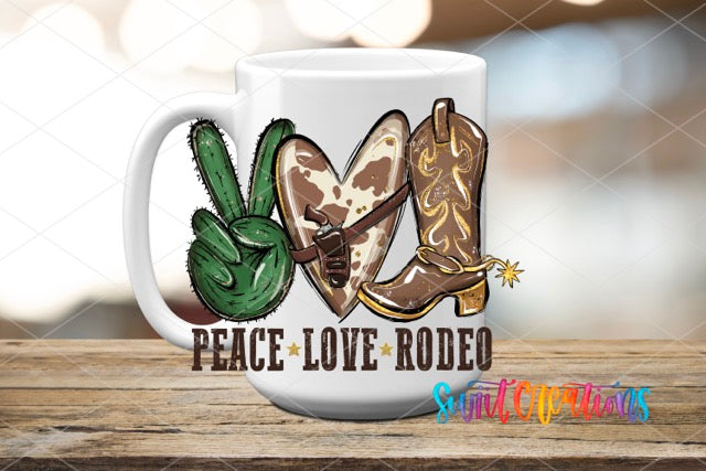a coffee mug with a peace love rodeo design on it
