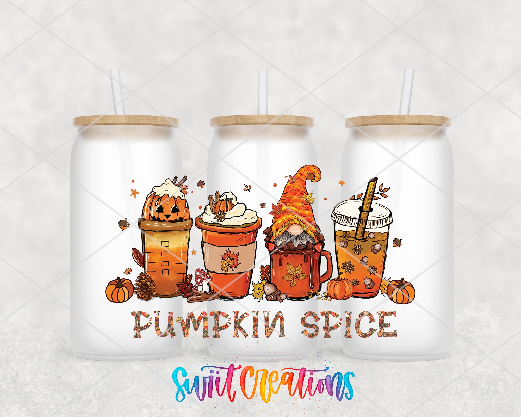 three glass tumblers with illustrations of various autumn-themed beverages, including pumpkin spice drinks, coffee drinks, and hot chocolate drinks.