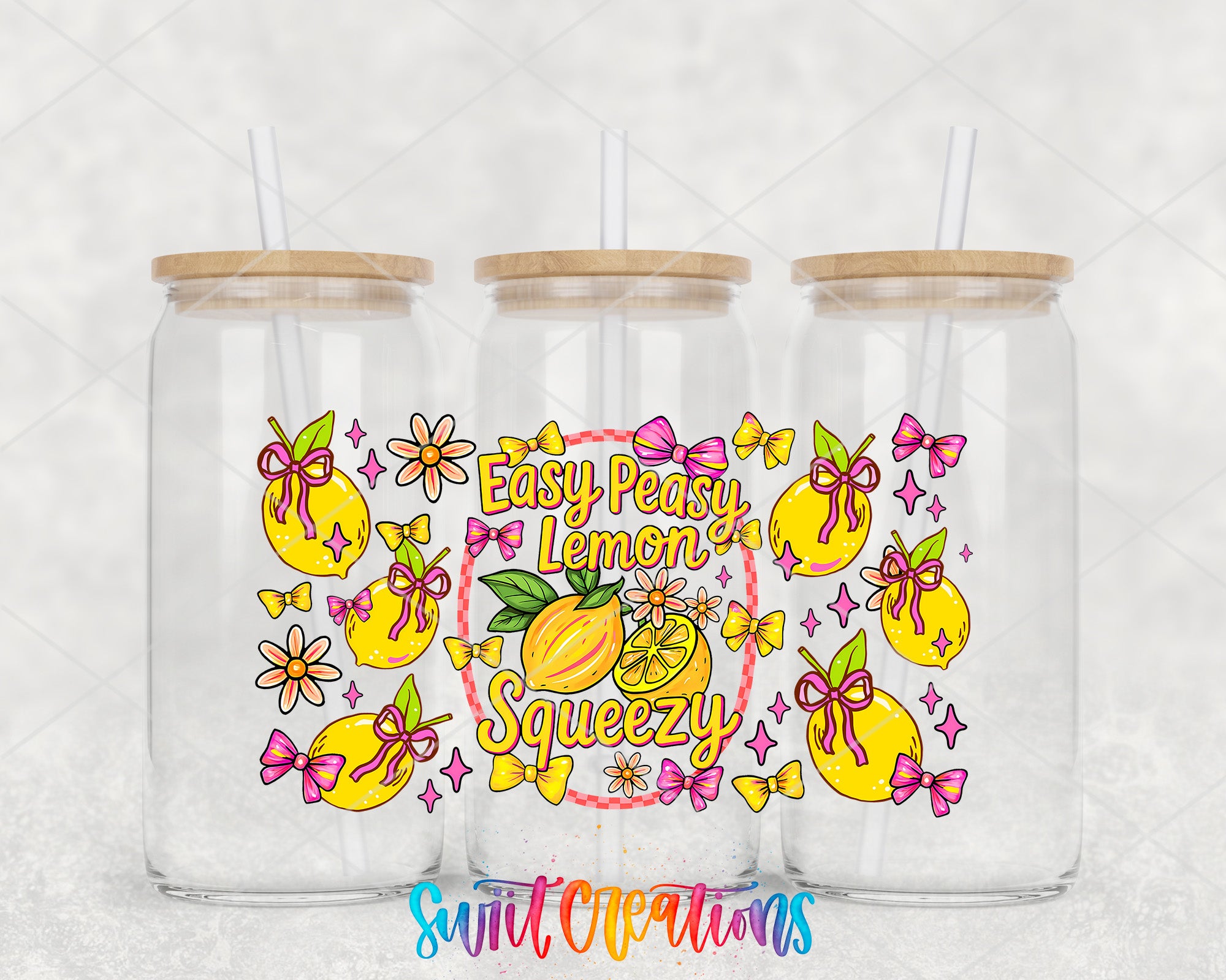 three clear glass jars with wooden lids, each adorned with a colorful design of lemons, flowers, and bows. The design includes the text "Easy Peasy Lemon Squeezy" and "Swift Creations" written in a playful font.