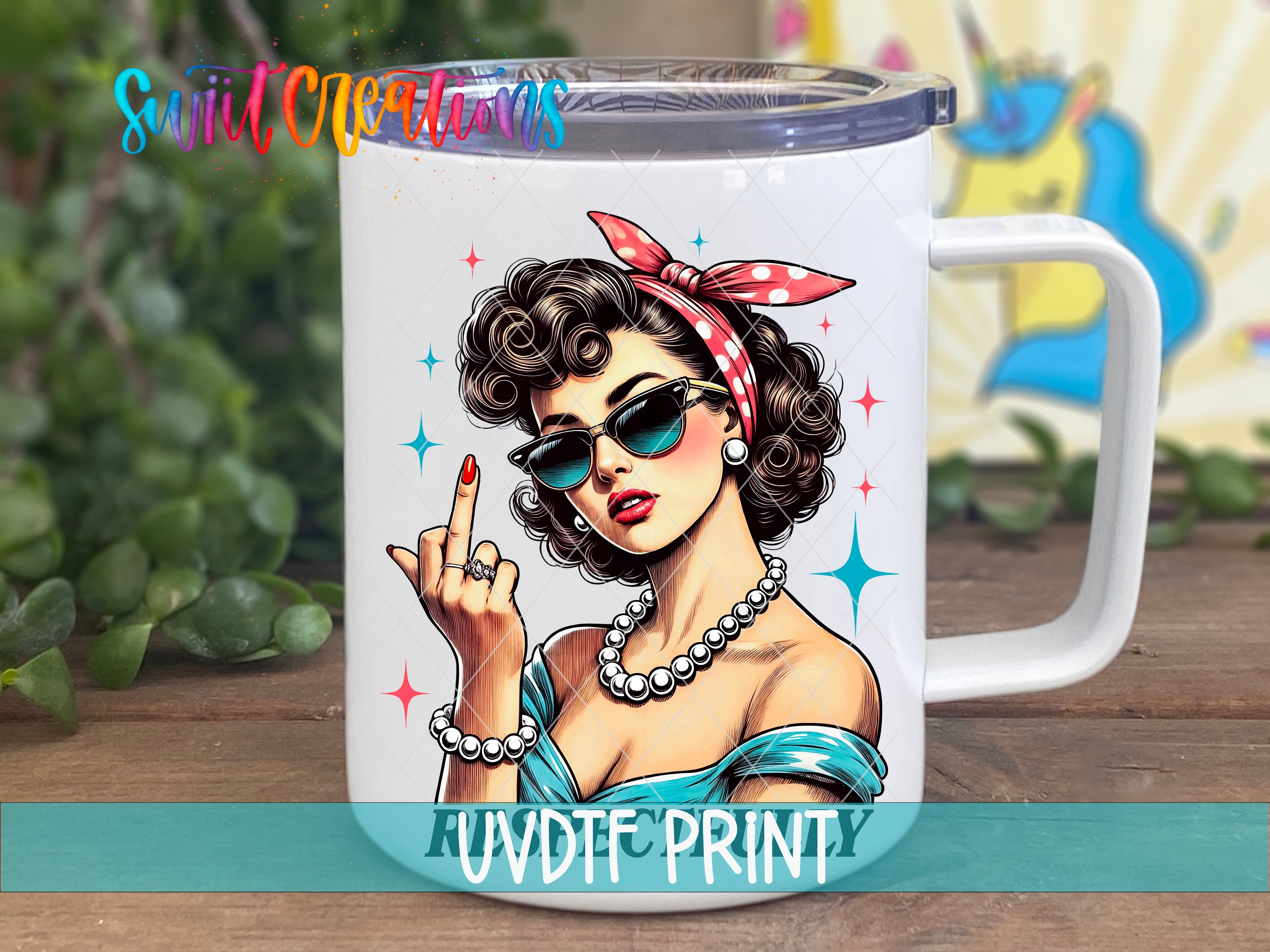 a white coffee mug with a picture of a woman wearing sunglasses and a bandana