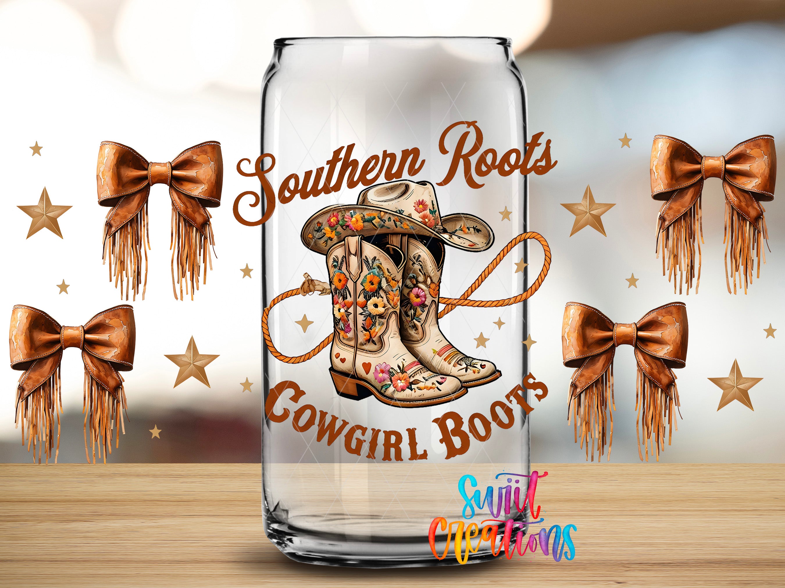 a glass can with a cowboy hat and boots design, surrounded by decorative bows and stars.