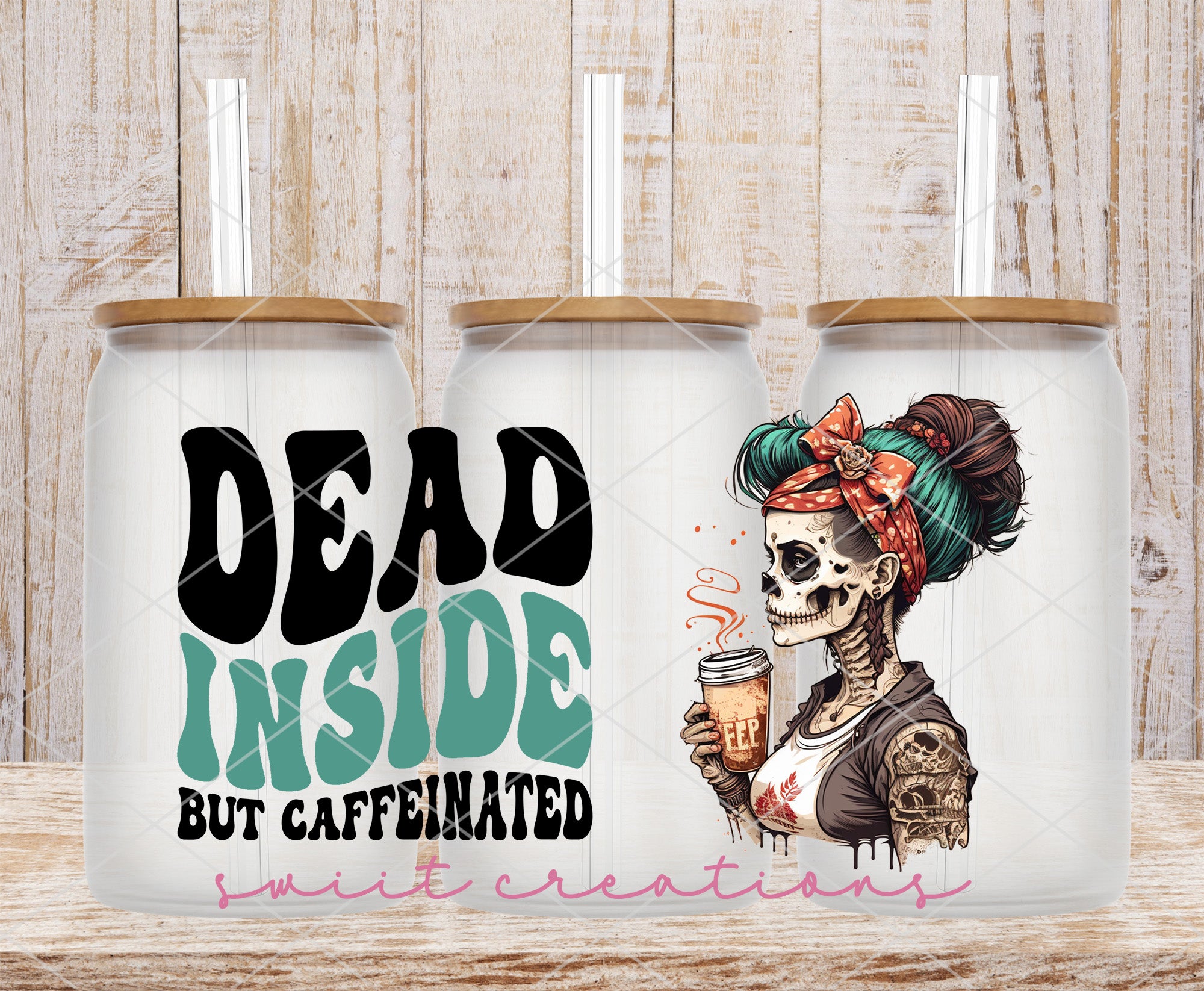 two white coffee mugs with a skeleton holding a cup of coffee