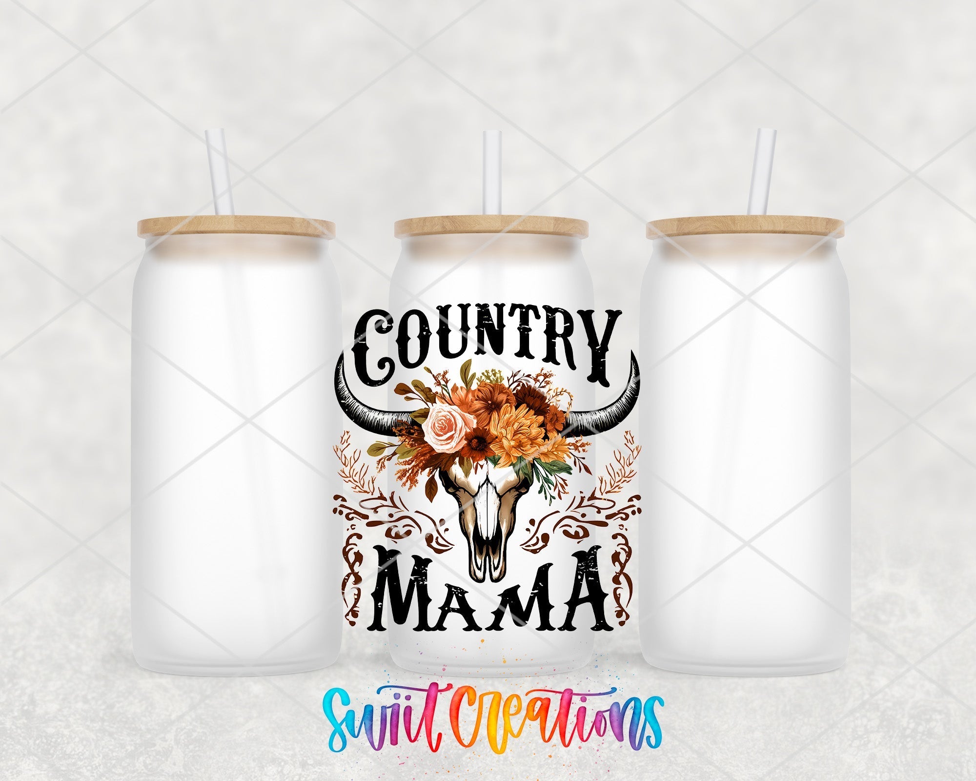 two white mason jars with a cow skull and flowers on them