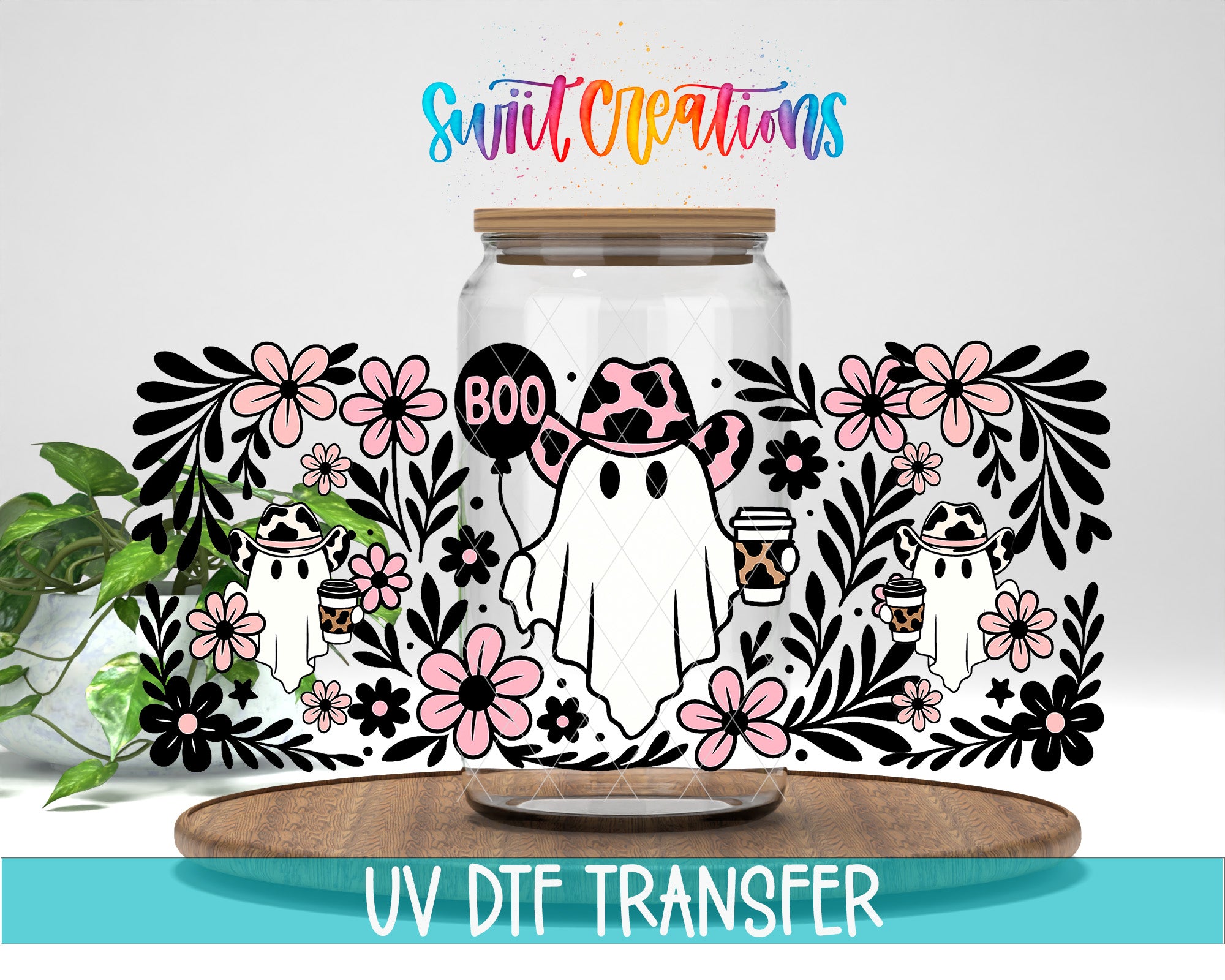 A Halloween-themed mug with a ghost, flowers, and a cowboy hat, along with the text "Swit Creations" and "UV Dtf Transfer".