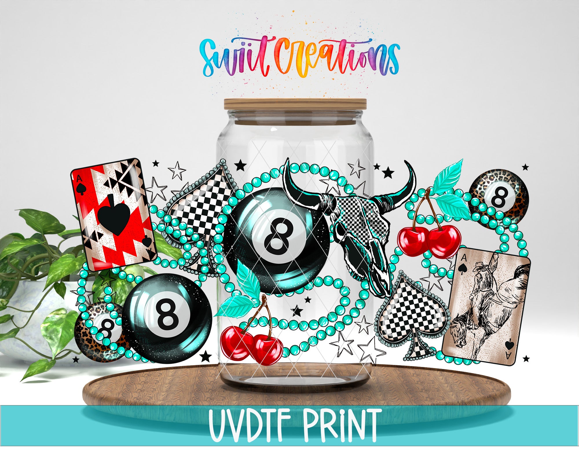The image is a colorful and vibrant collage featuring various casino-themed elements, including a pool table, playing cards, beads, and a skull. The text "Swift Creations" is written above the collage, and the phrase "UVDF PRINT" is written at the bottom of the image.