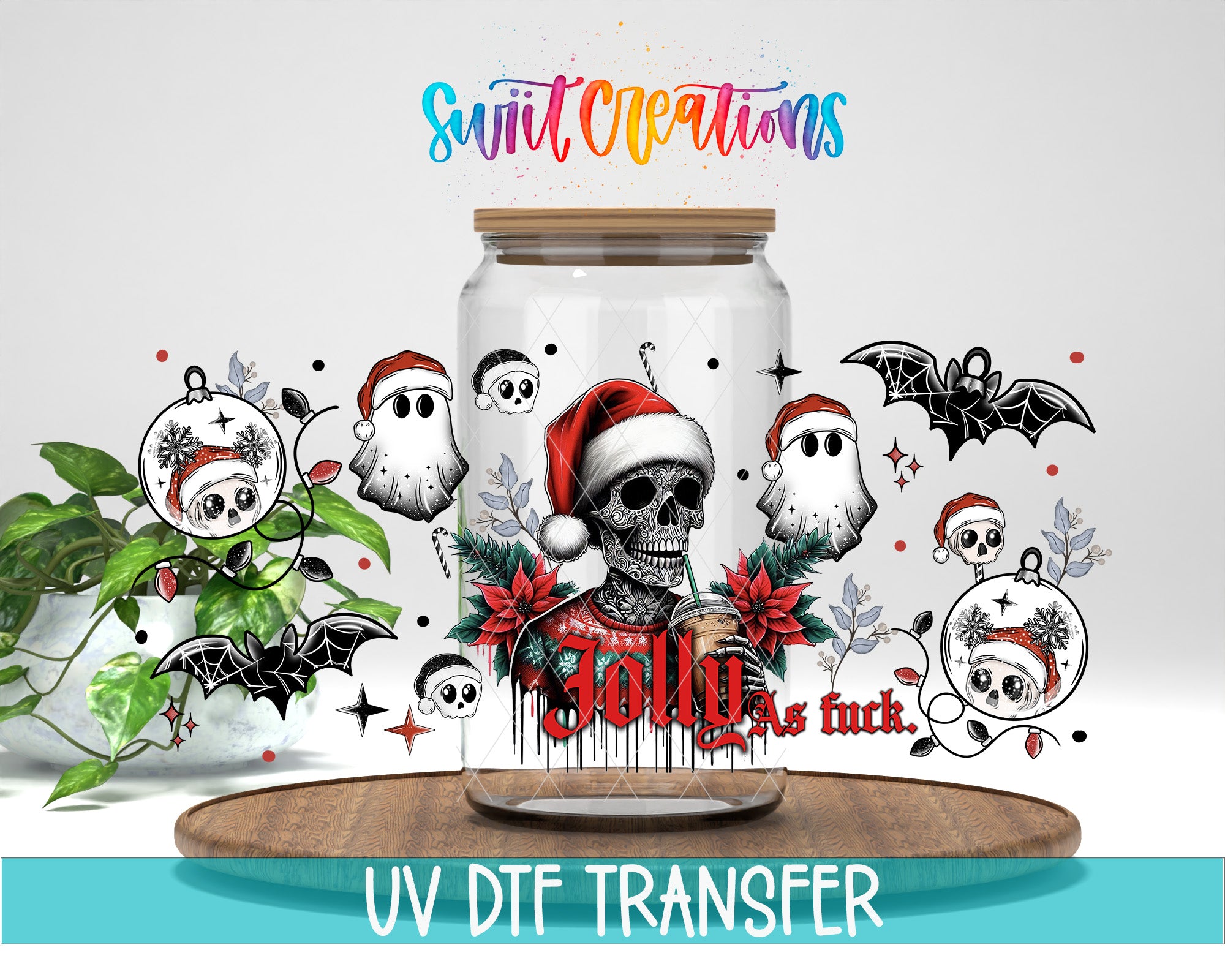 The image is a digital illustration featuring a skull wearing a Santa hat, surrounded by various holiday-themed elements such as bats, flowers, and a Christmas tree.