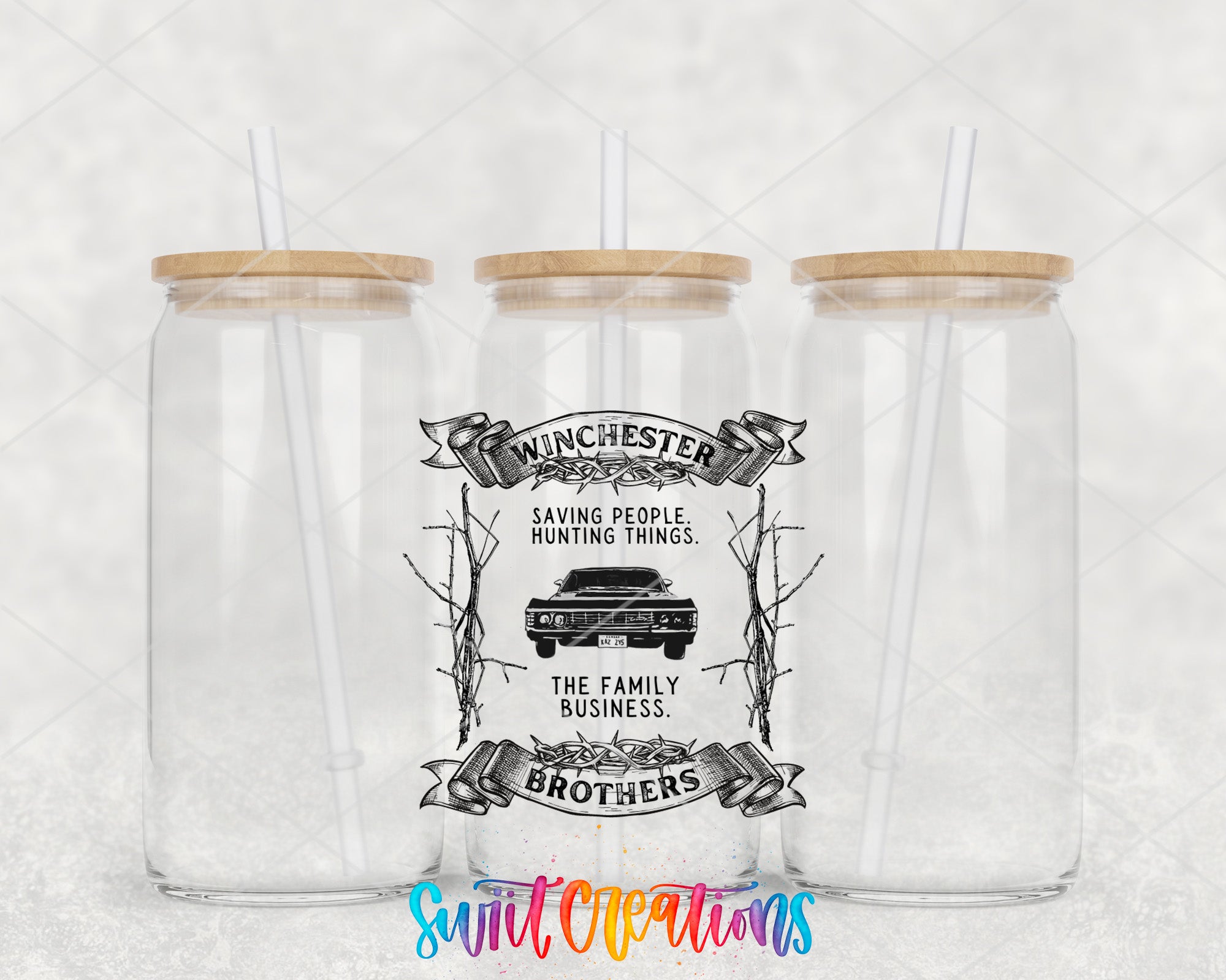 a couple of glass jars sitting on top of a table