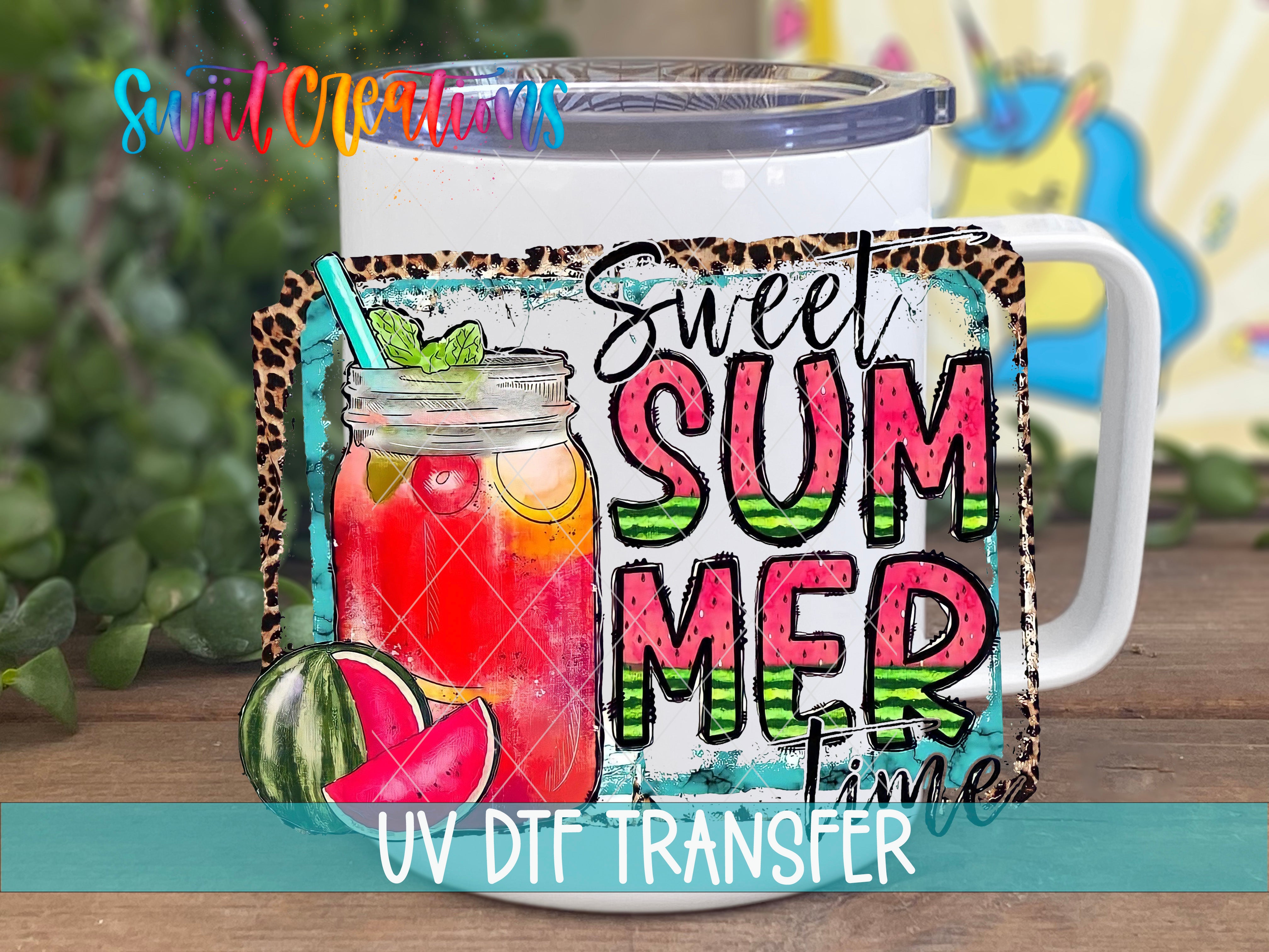 A mug with a colorful design featuring a mason jar filled with a red drink, watermelon slices, and a leopard print border. The text on the mug reads "Sweet Summer Time" and "UV DIF TRANSFER".