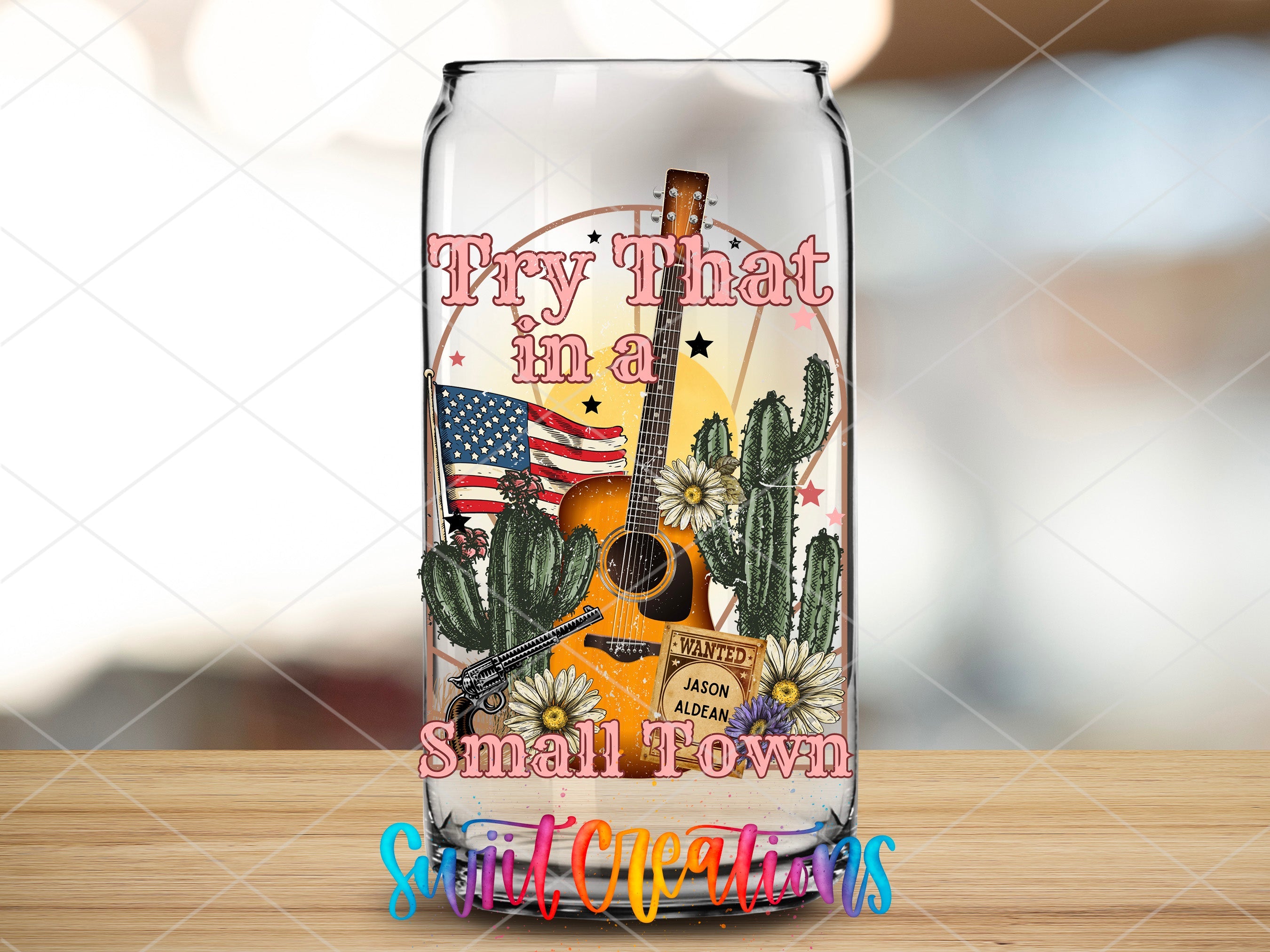 a glass with a picture of a guitar on it