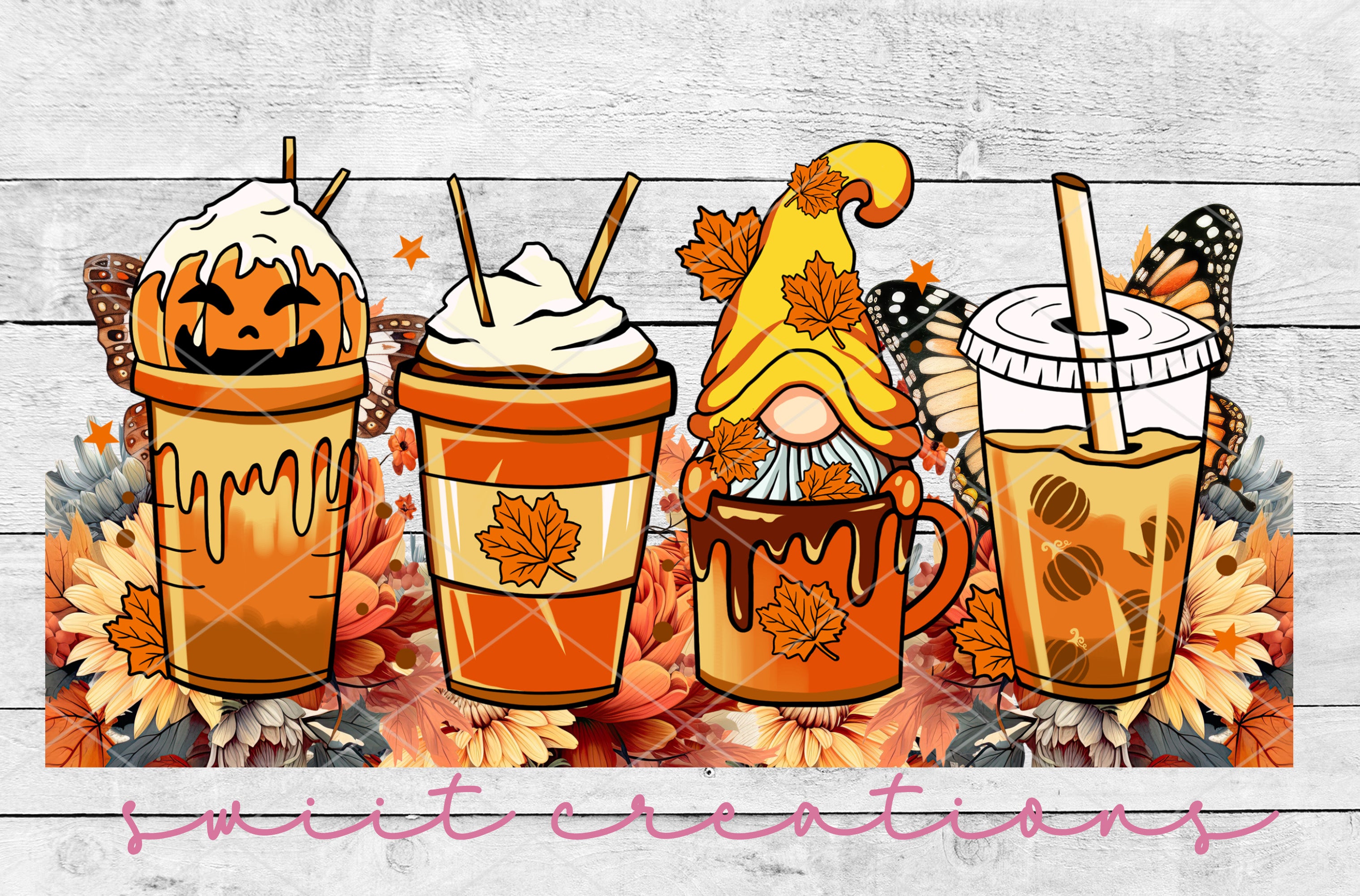 a picture of a group of pumpkin themed drinks