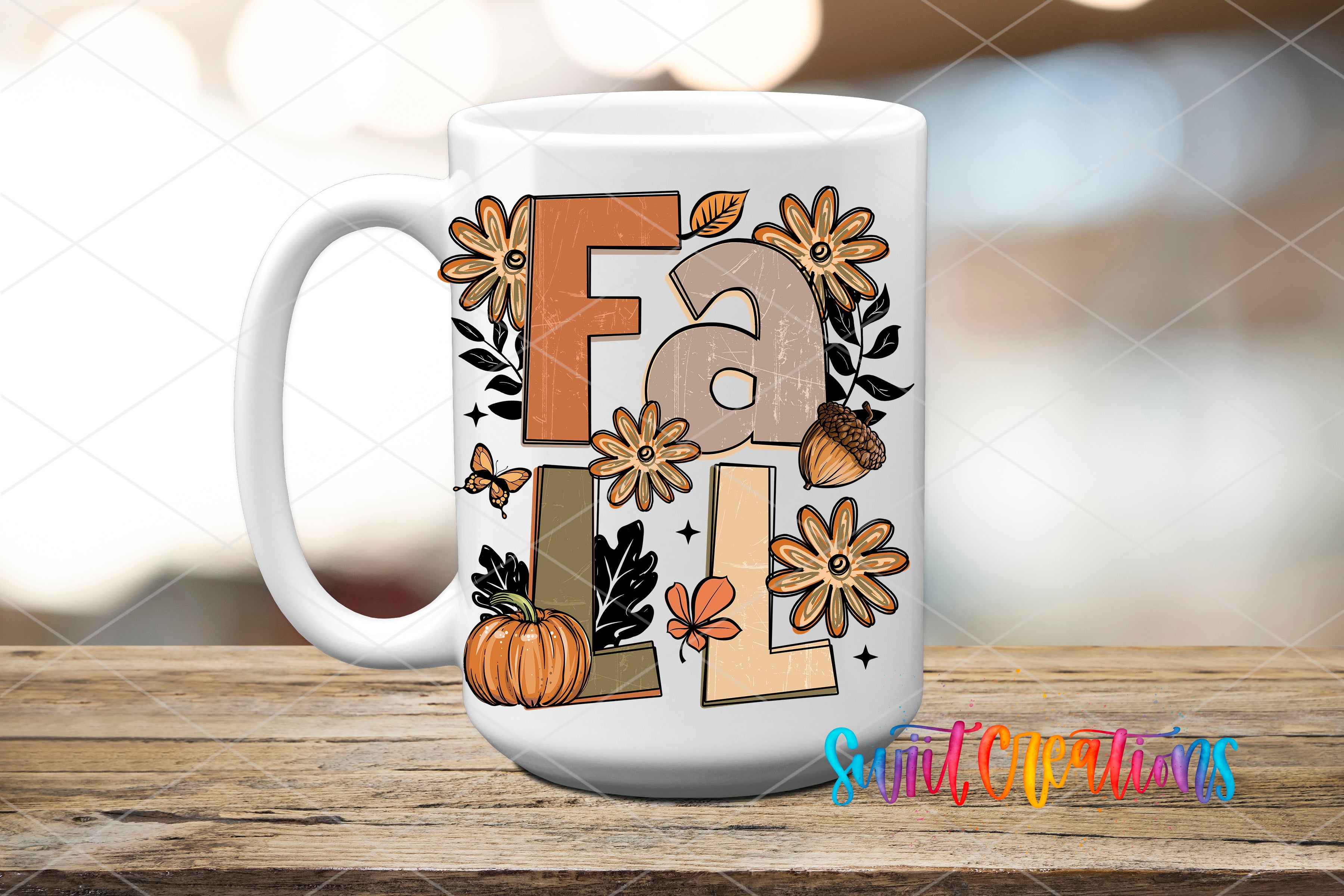 A white ceramic mug with a fall-themed design featuring the word "FALL" surrounded by various autumn-related elements such as flowers, leaves, and a pumpkin.