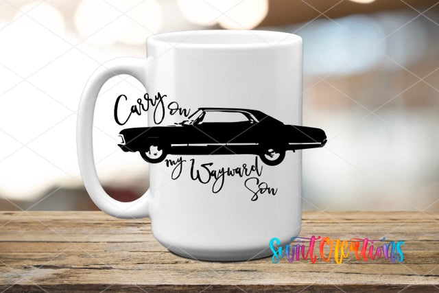 a white coffee mug with a black car on it