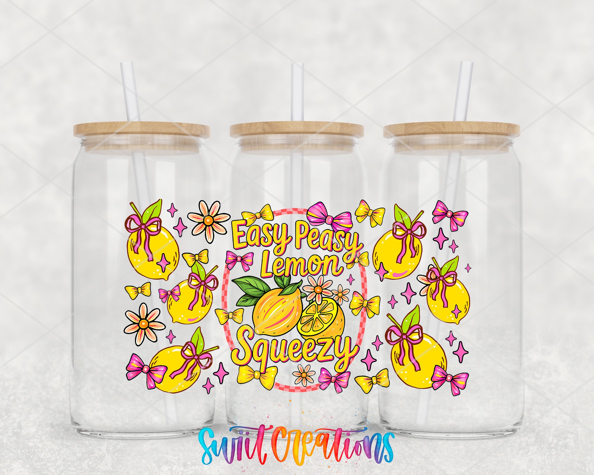 three clear glass jars with wooden lids, each adorned with a colorful design of lemons, flowers, and bows. The design includes the text "Easy Peasy Lemon Squeezy" and "Swift Creations" written in a playful font.