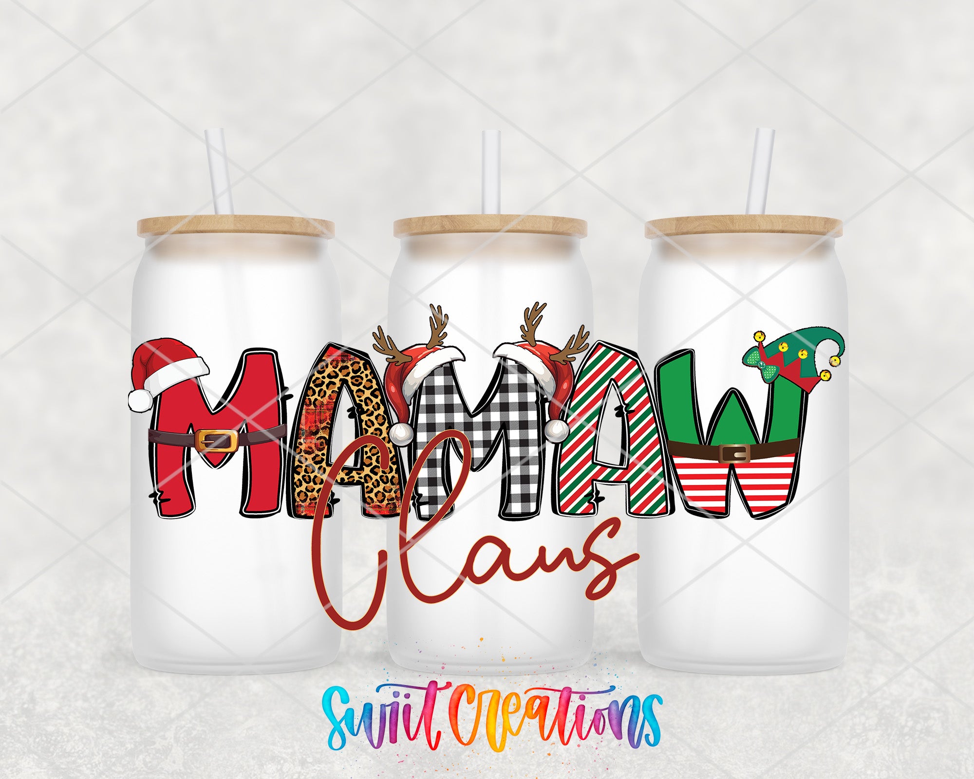 three personalized mason jars with christmas decorations