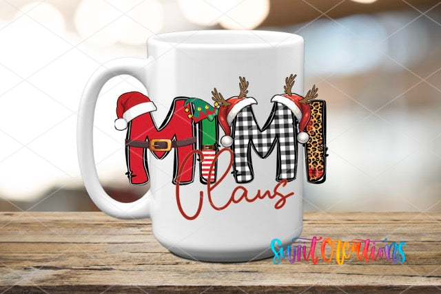 a white coffee mug with the word mom claus on it