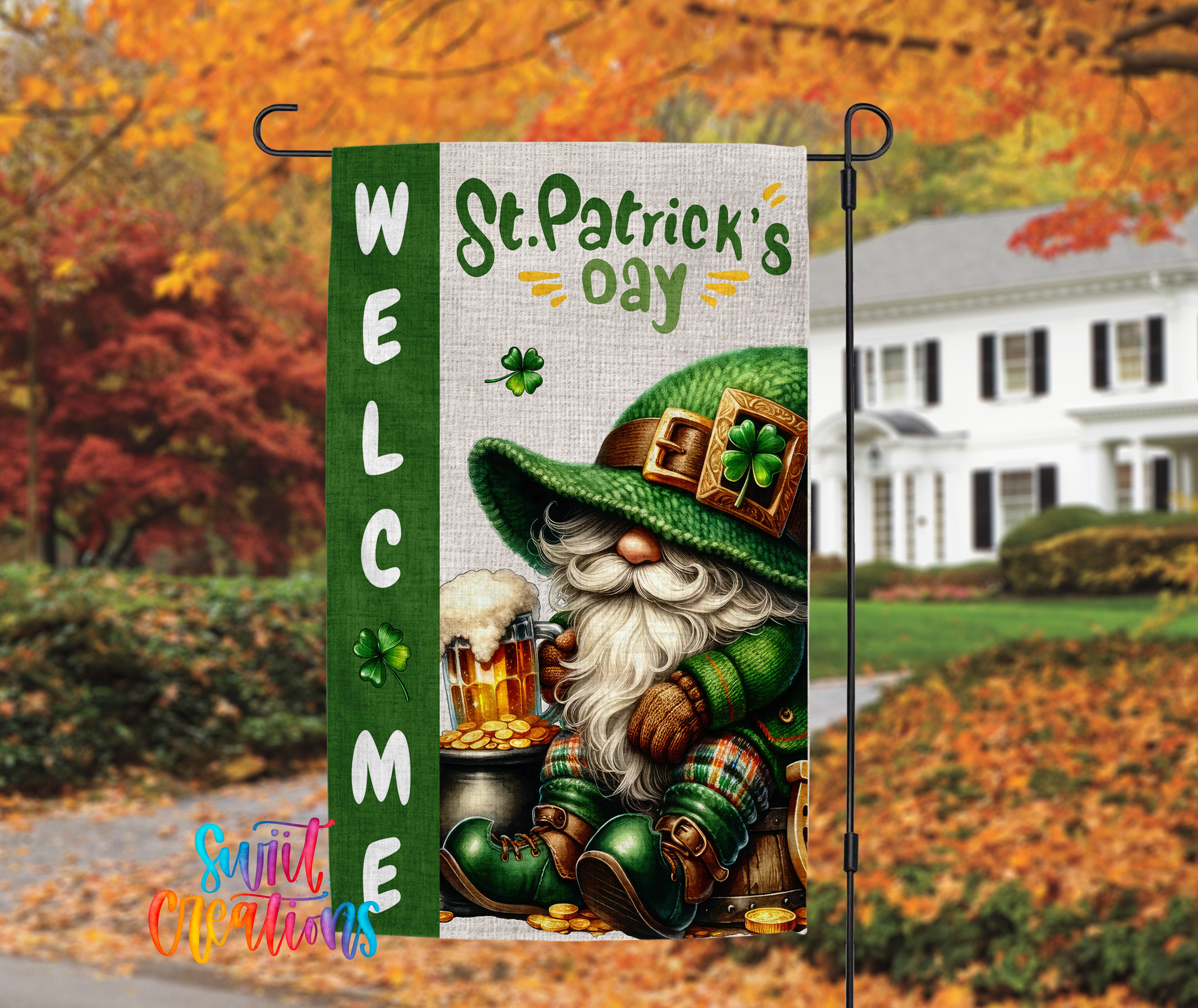 A banner with a cartoon image of a gnome wearing a green hat and holding a pot of gold coins, with the text "Welcome St. Patrick's Day" and "Swift Creations" written on it.