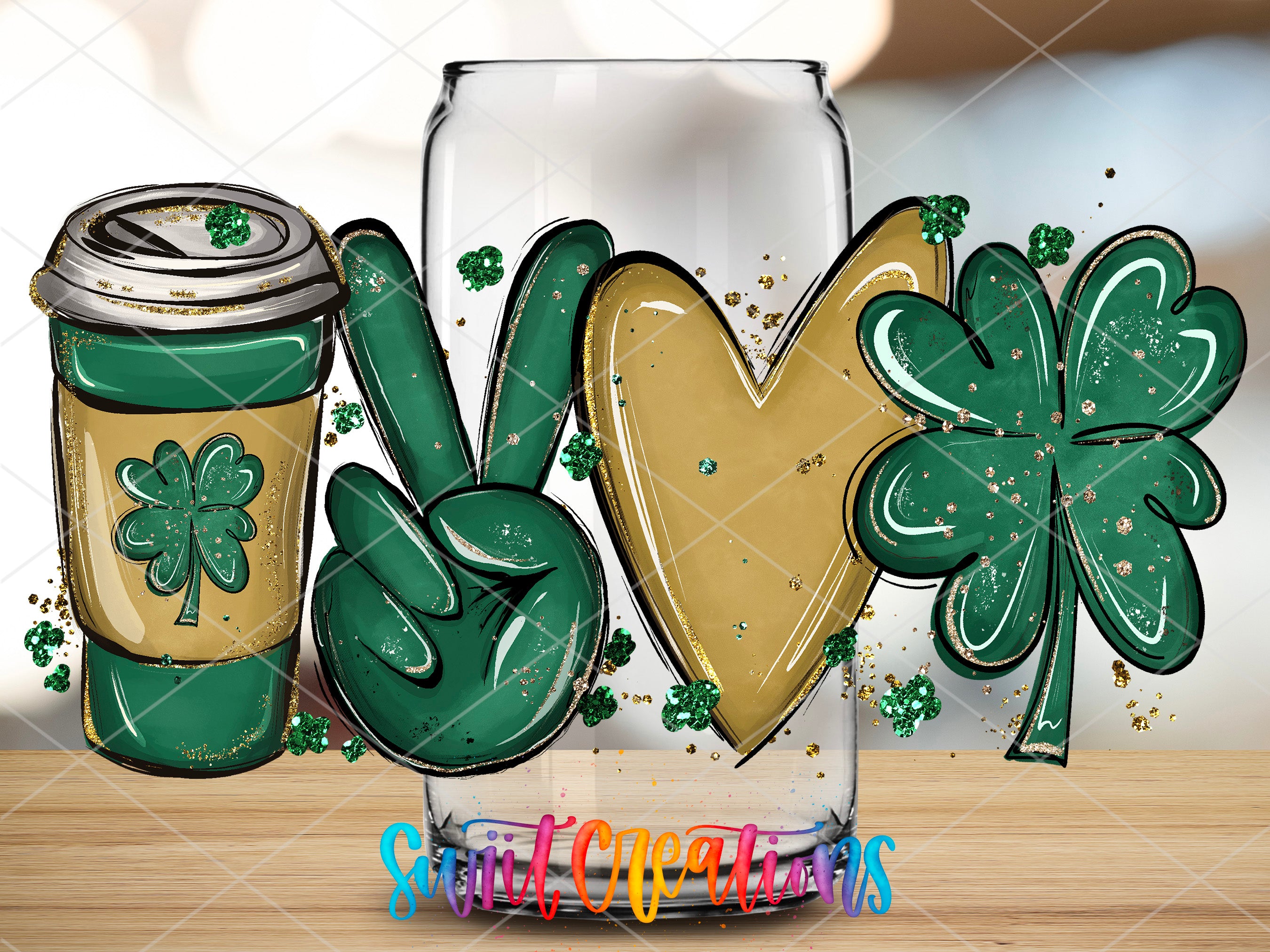 a st patrick's day card with a glass of coffee and shamrocks