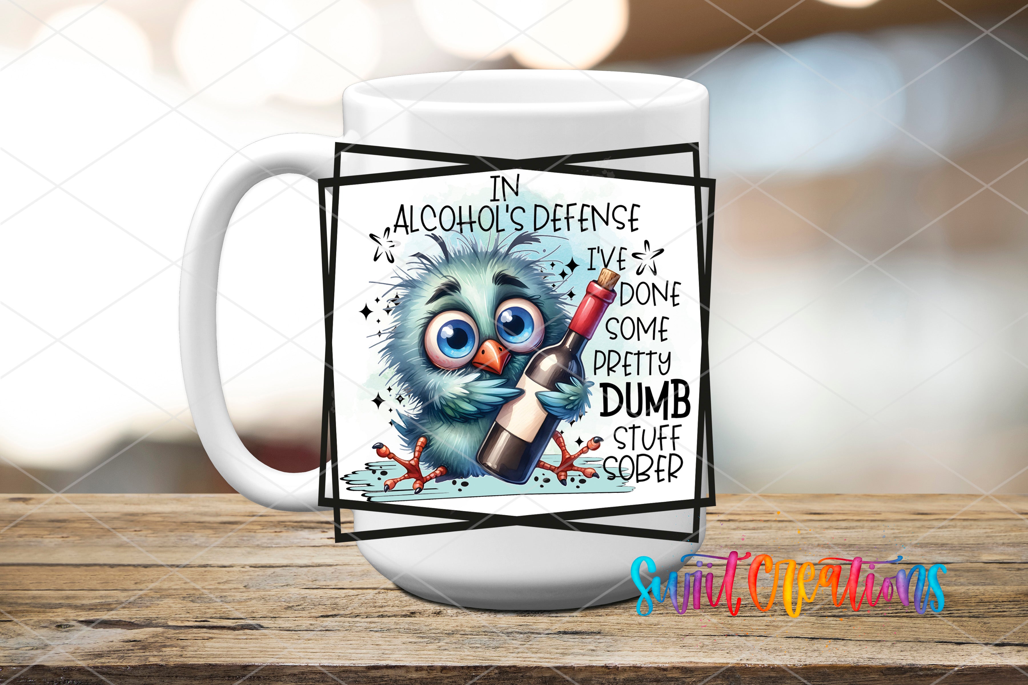 A mug with a cartoon owl holding a bottle of alcohol and the text "In alcohol's defense, I've done some pretty dumb stuff" printed on it.