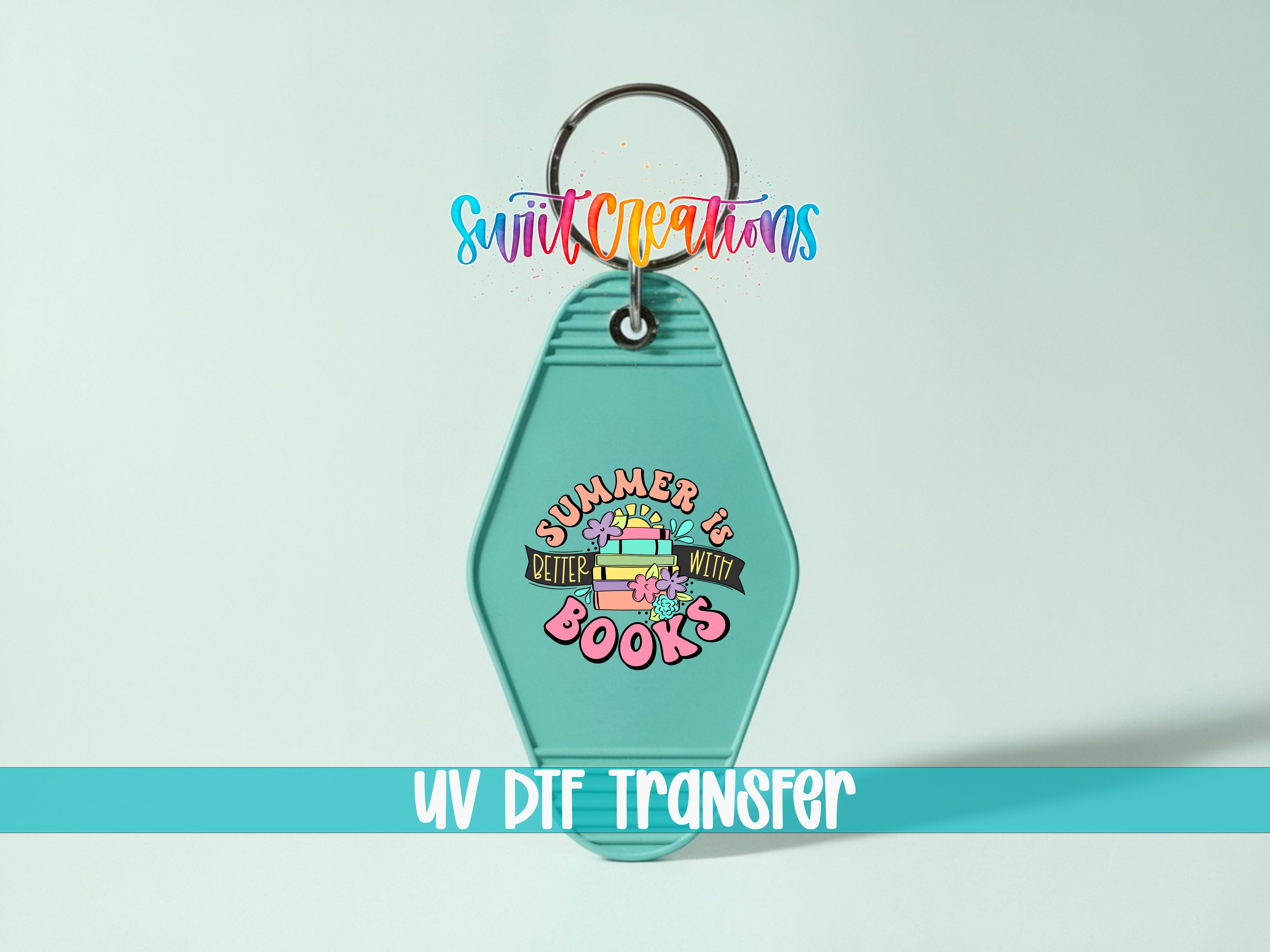 A keychain with a colorful design and text, including the phrase "Summer is better with books" and the UV DIF transfer logo.