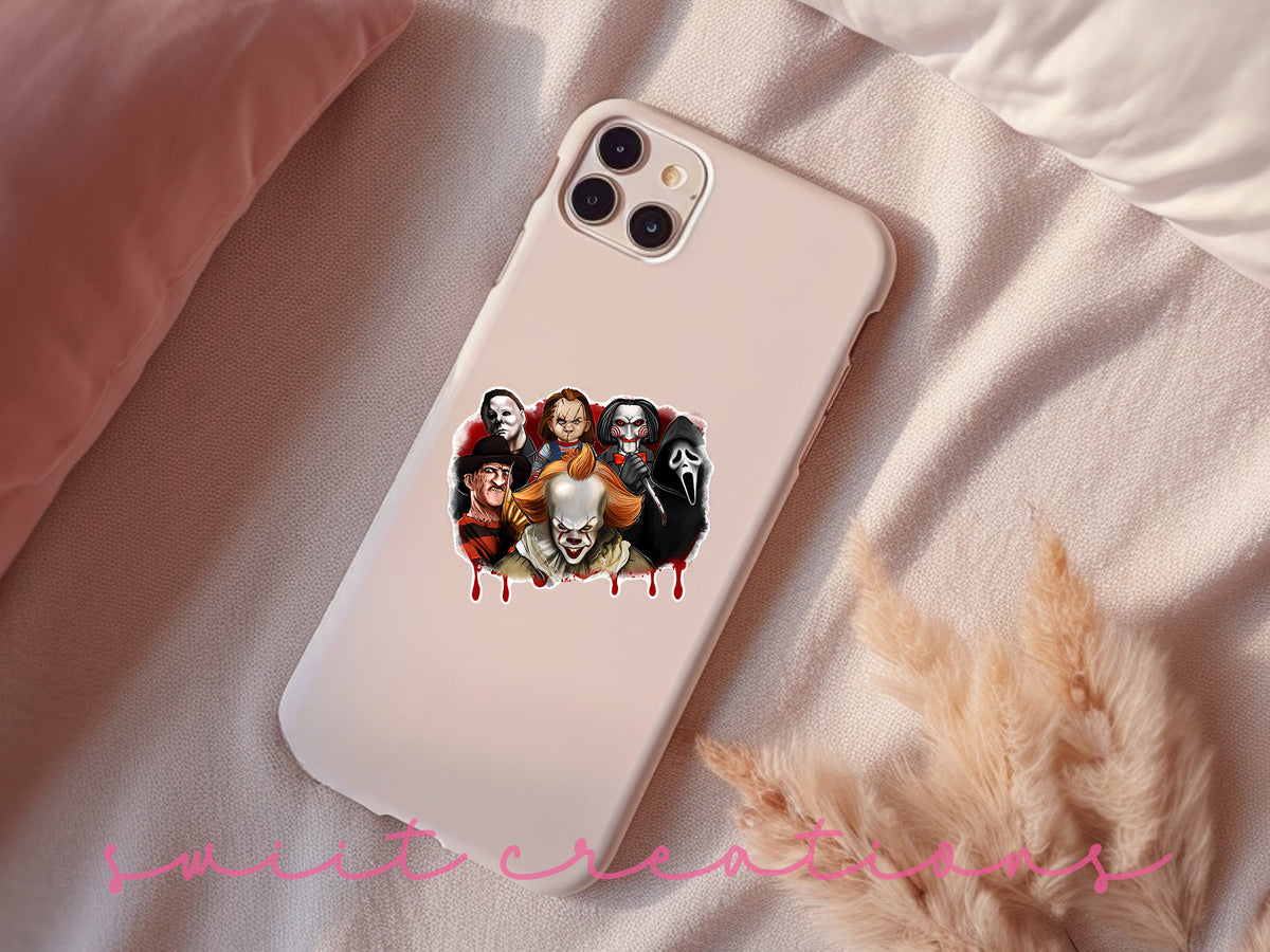 Horror Movie Villains sticker on a pink phone case