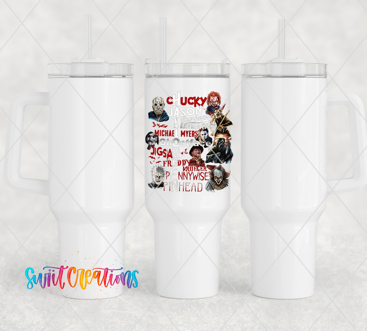 a white tumbler cup with a picture of the characters on it