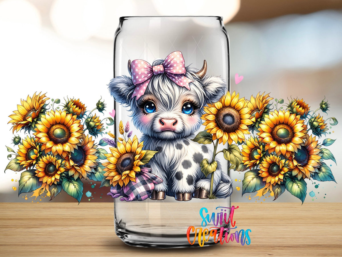 Close-up of the Baby Highland Cow UV DTF full wrap on a clear glass can